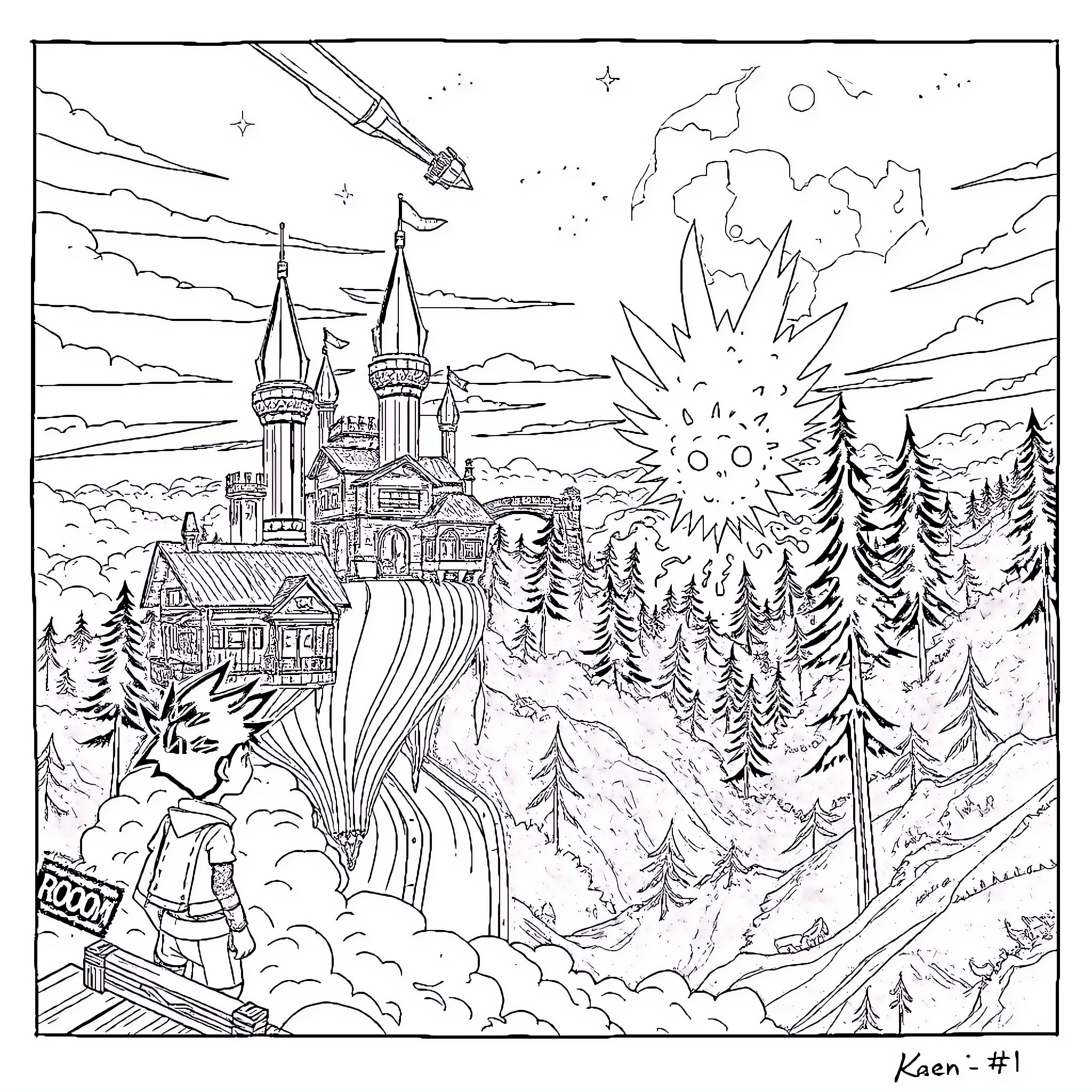 Kaen's Fantastical Castle Adventure Coloring Page (free black-and-white line drawing printable PDF for all, from beginners to advanced learners, including children, teens, adults, and seniors)