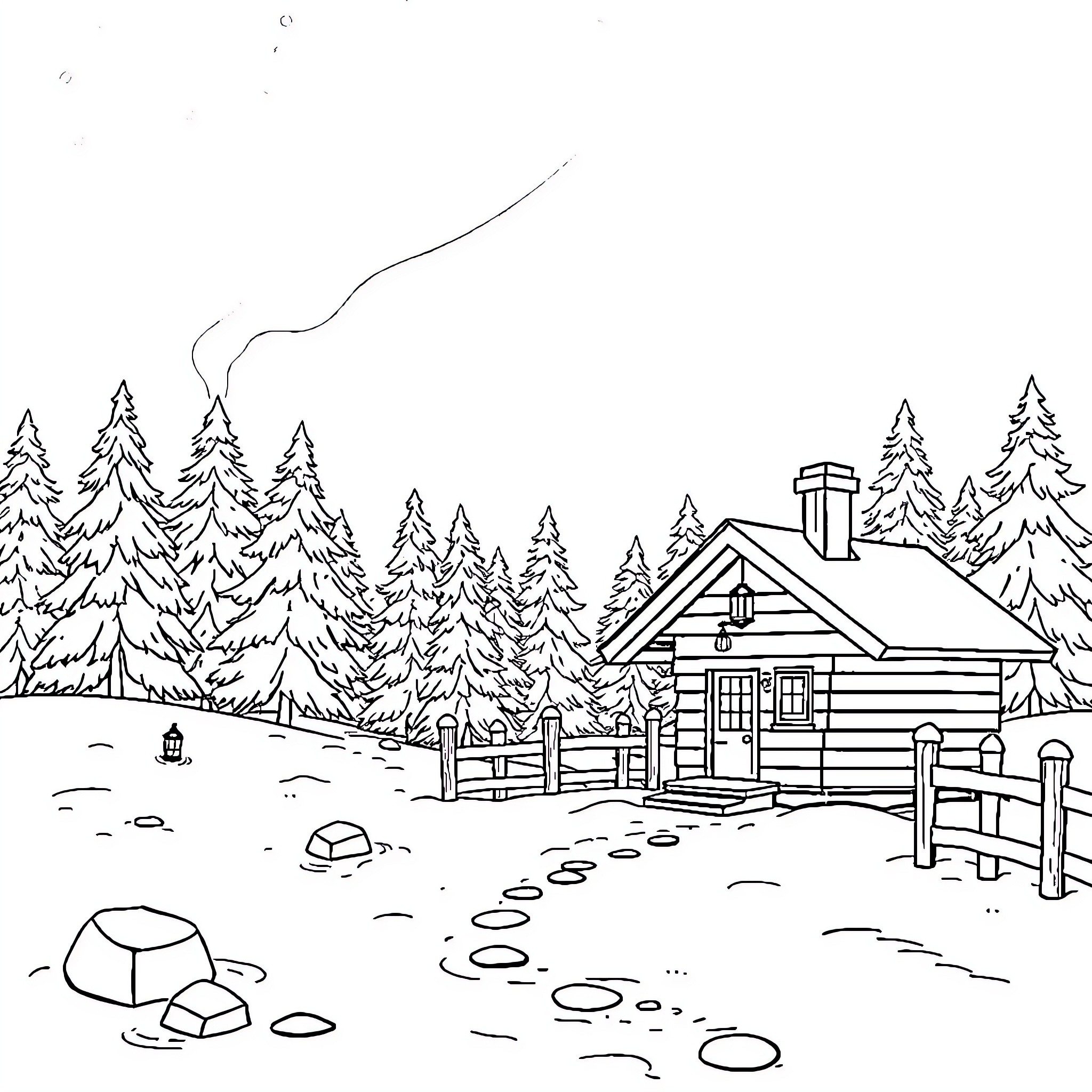 Cabin in the woods with snowy landscape Coloring Page (free black-and-white line drawing printable PDF for all, from beginners to advanced learners, including children, teens, adults, and seniors)