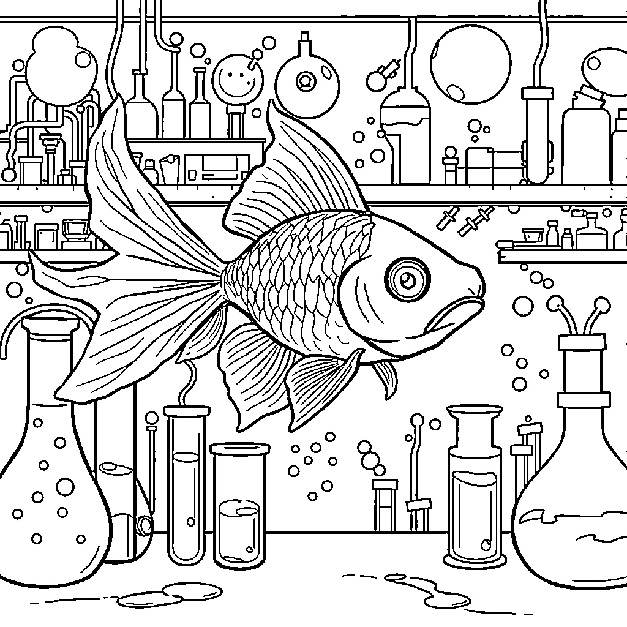 Goldfish in the Science Laboratory Coloring Page (free black-and-white line drawing printable PDF for all, from beginners to advanced learners, including children, teens, adults, and seniors)