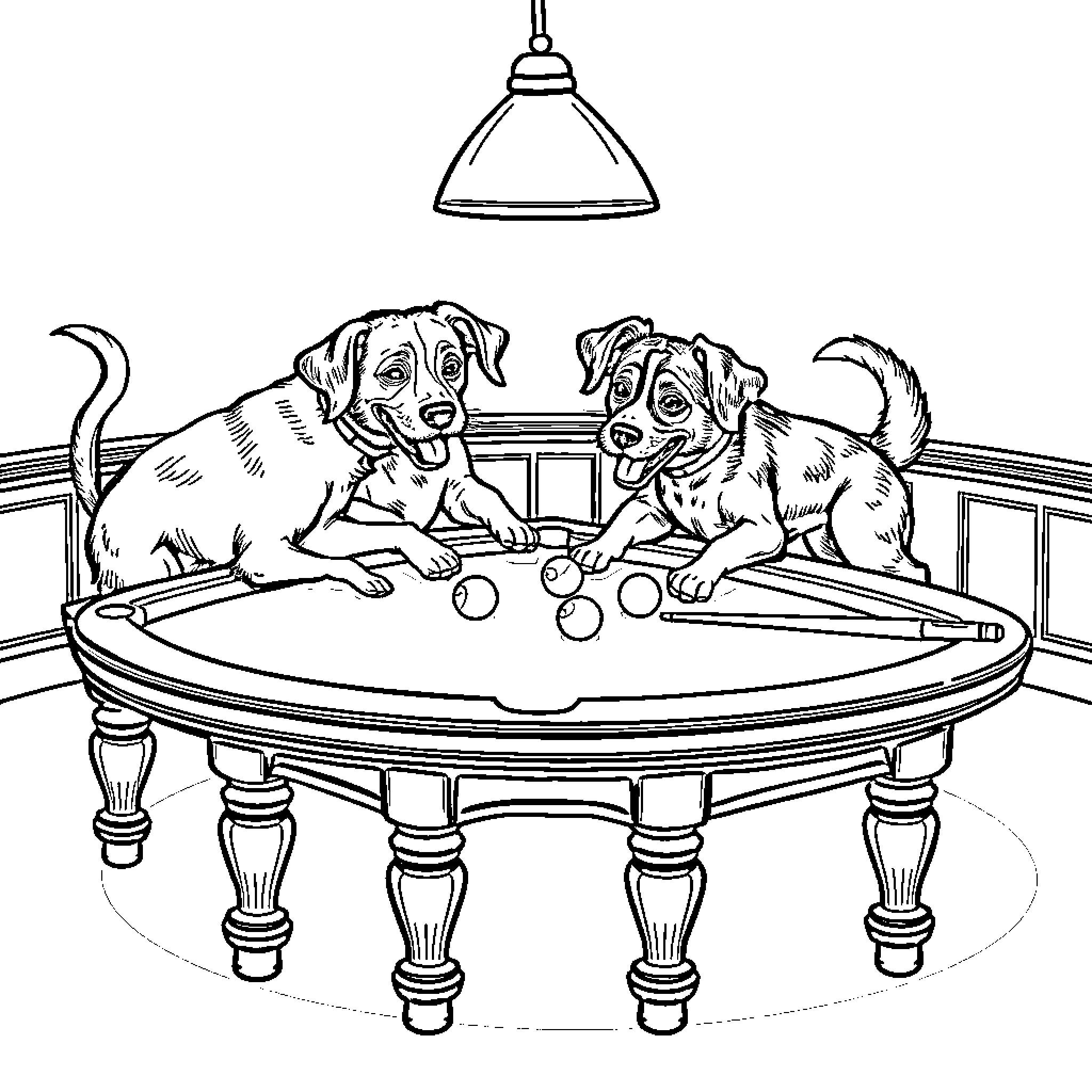 Dog playing with toys on pool table Coloring Page (free black-and-white line drawing printable PDF for all, from beginners to advanced learners, including children, teens, adults, and seniors)