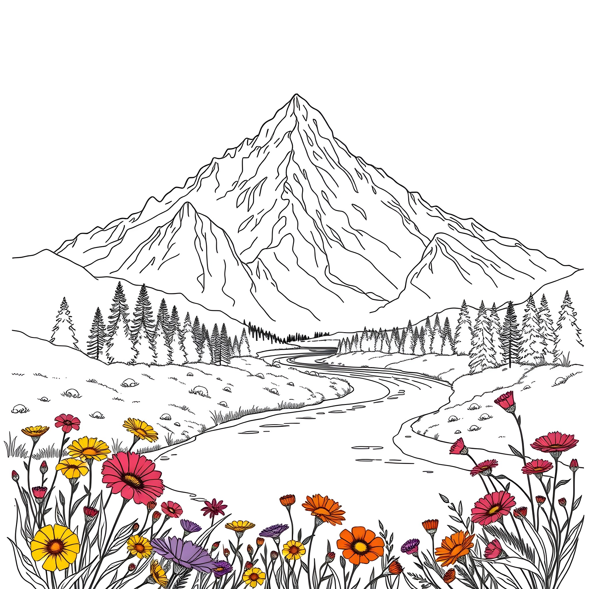 Mountain Vista with Vibrant Wildflowers Coloring Page (free black-and-white line drawing printable PDF for all, from beginners to advanced learners, including children, teens, adults, and seniors)
