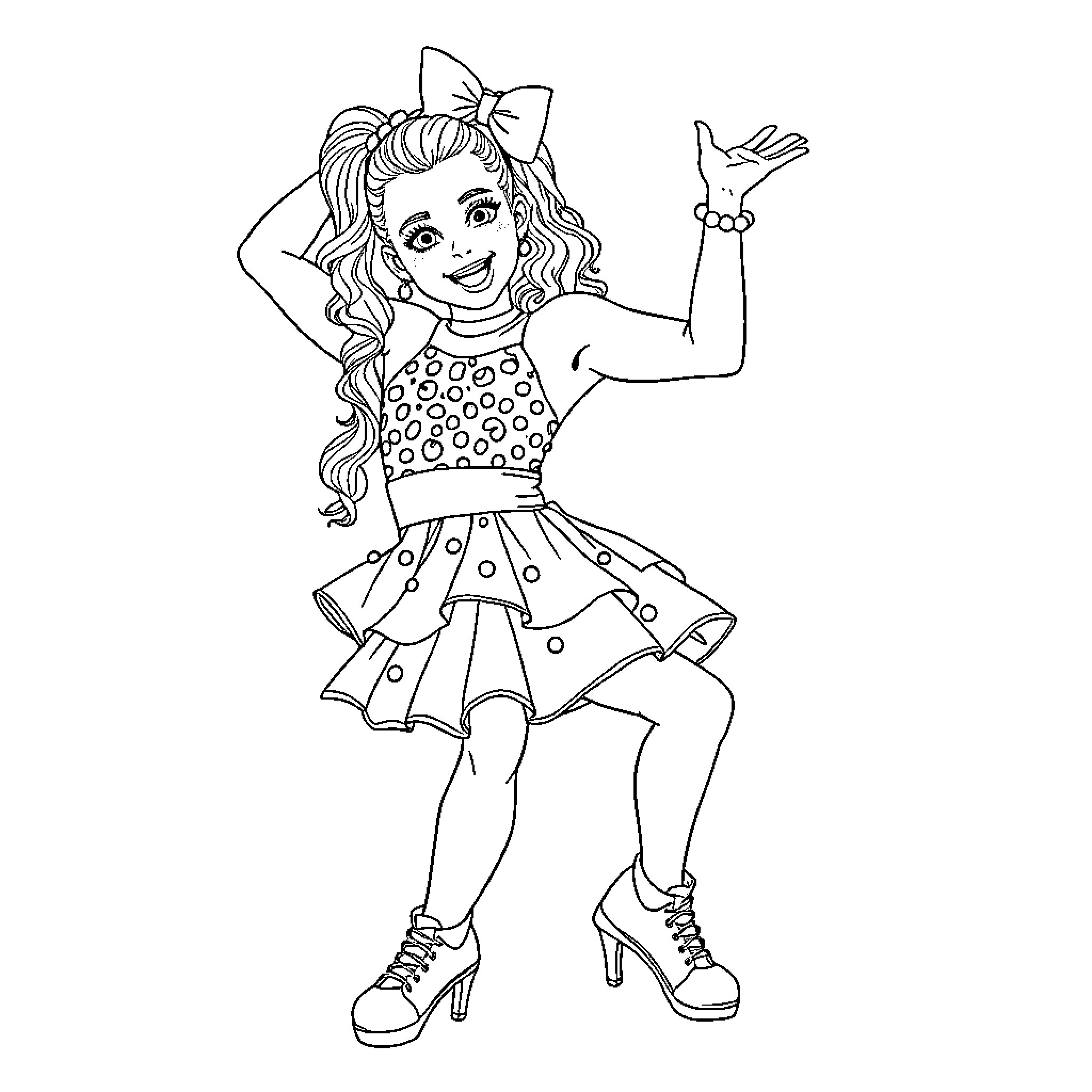 Jojo Siwa Dancing and Posing Enthusiastically Coloring Page (free black-and-white line drawing printable PDF for all, from beginners to advanced learners, including children, teens, adults, and seniors)