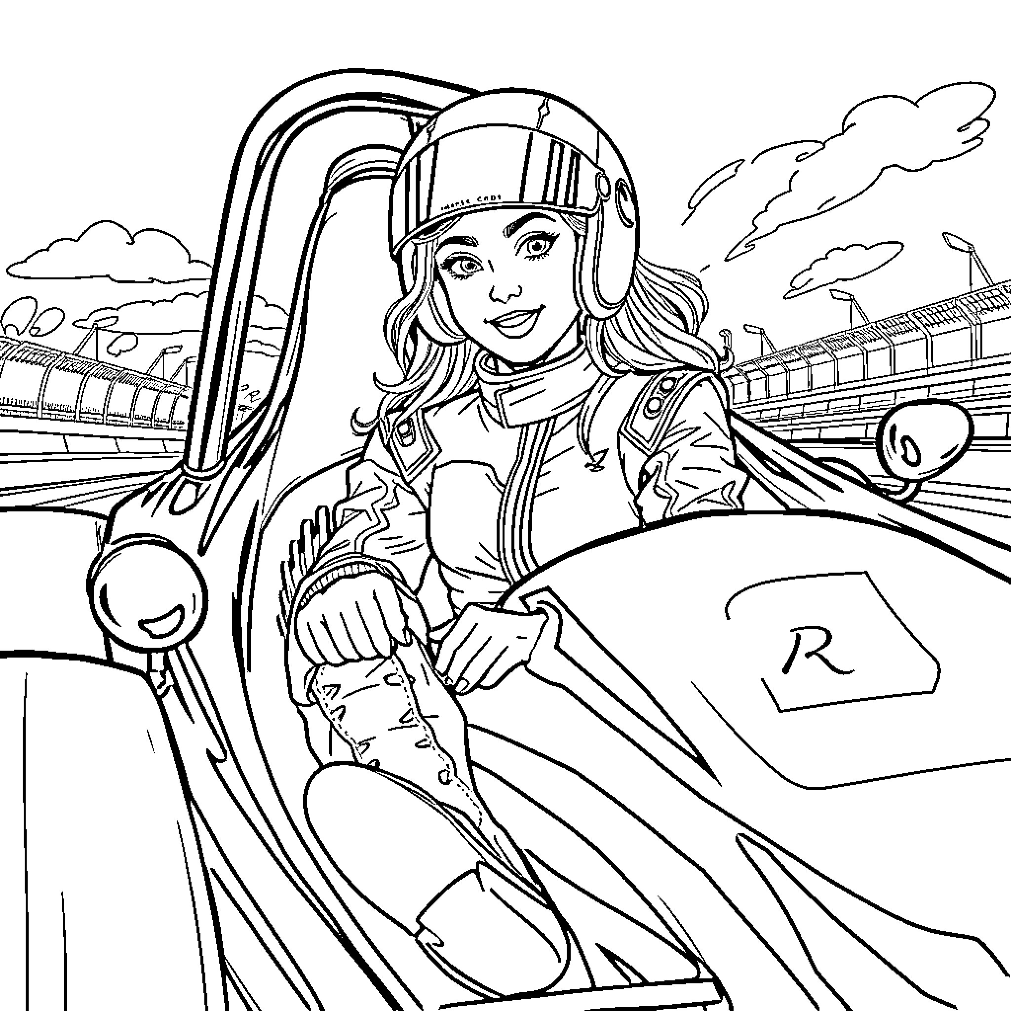 Arielle's Thrilling Race in a High-Speed Vehicle Coloring Page (free black-and-white line drawing printable PDF for all, from beginners to advanced learners, including children, teens, adults, and seniors)