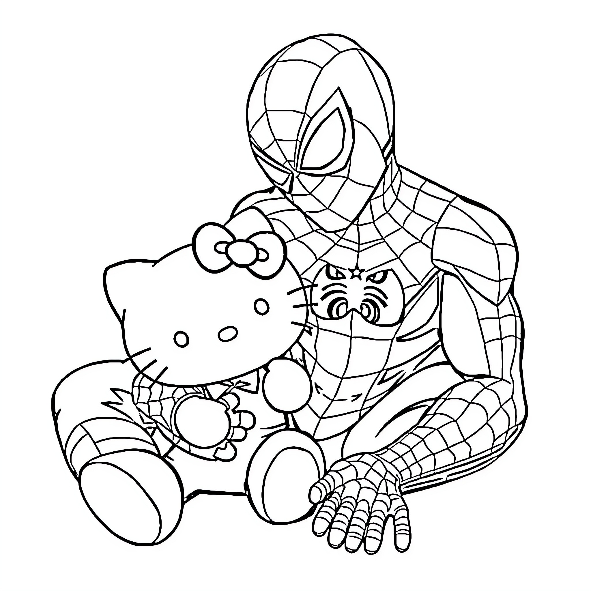 Spiderman with Hello Kitty toy in action Coloring Page (free black-and-white line drawing printable PDF for all, from beginners to advanced learners, including children, teens, adults, and seniors)