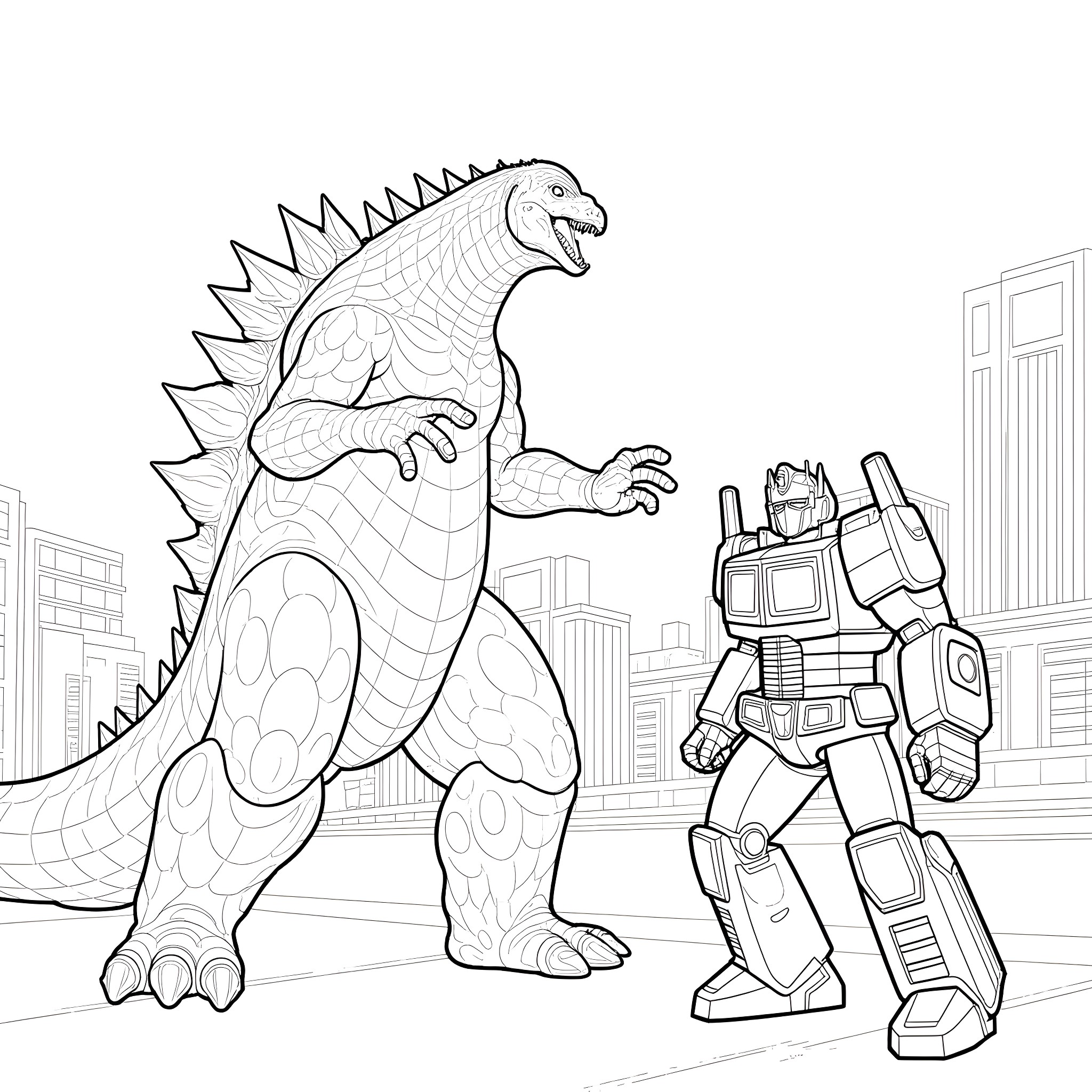 Godzilla facing off against a giant robot in the city Coloring Page (free black-and-white line drawing printable PDF for all, from beginners to advanced learners, including children, teens, adults, and seniors)