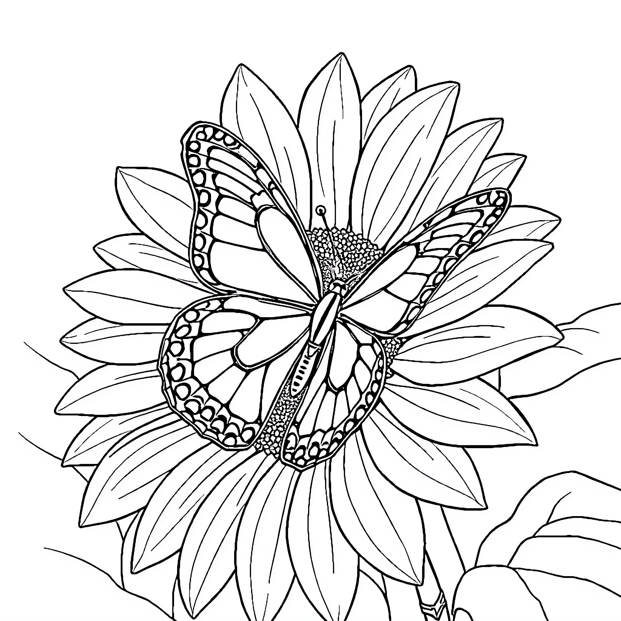 Butterfly resting on a sunflower Coloring Page (free black-and-white line drawing printable PDF for all, from beginners to advanced learners, including children, teens, adults, and seniors)