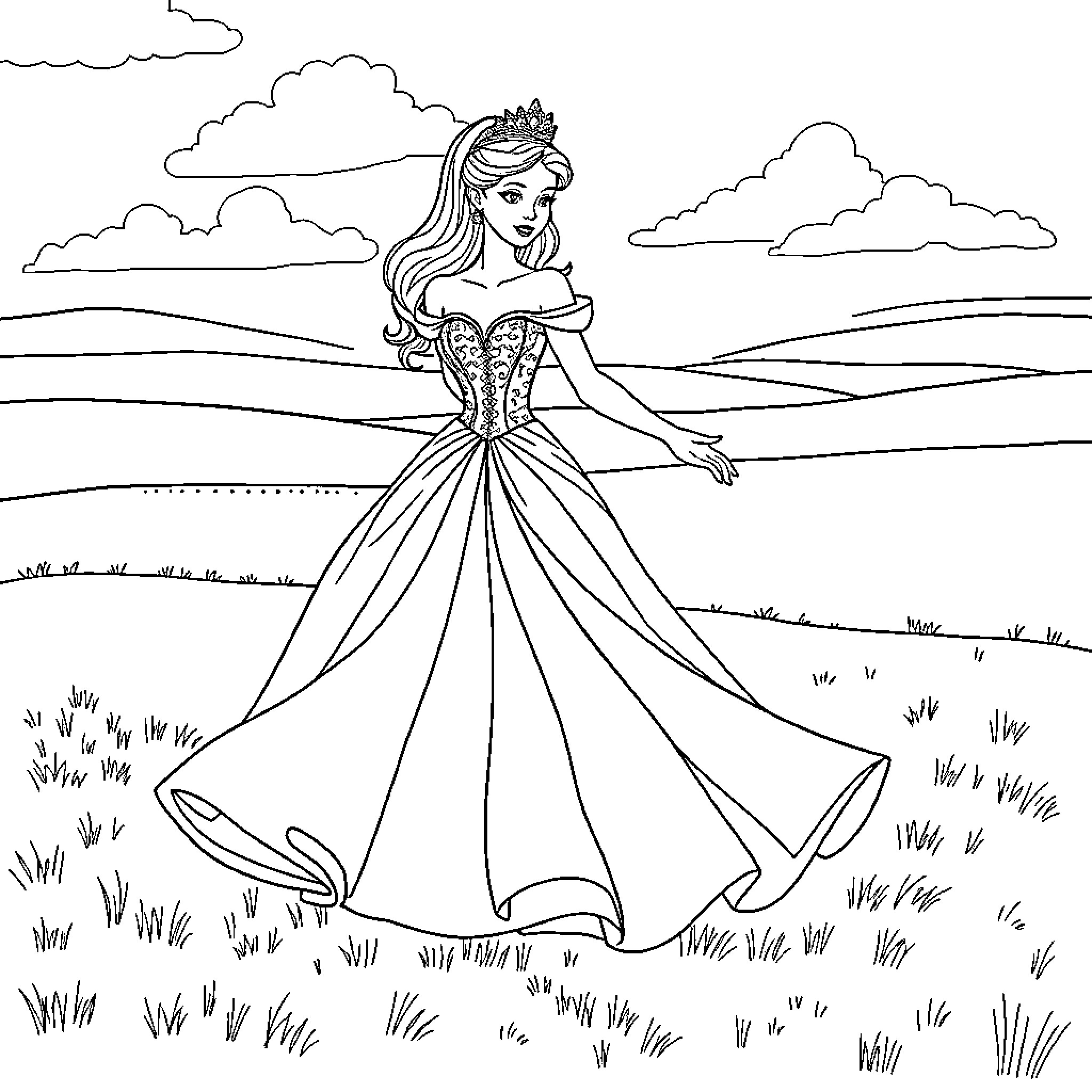 Princess Exploring the Enchanting Meadow Coloring Page (free black-and-white line drawing printable PDF for all, from beginners to advanced learners, including children, teens, adults, and seniors)