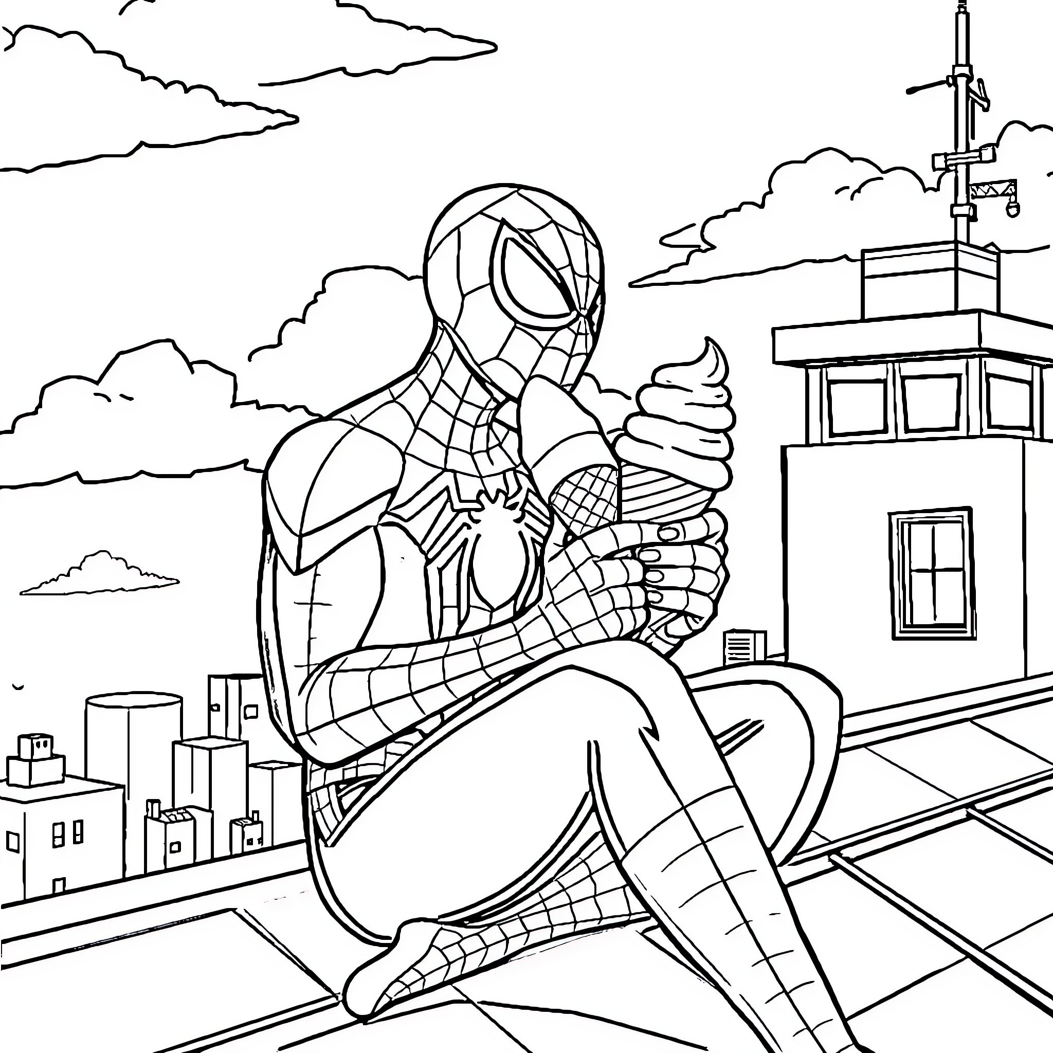 Spiderman contemplating on a rooftop Coloring Page (free black-and-white line drawing printable PDF for all, from beginners to advanced learners, including children, teens, adults, and seniors)