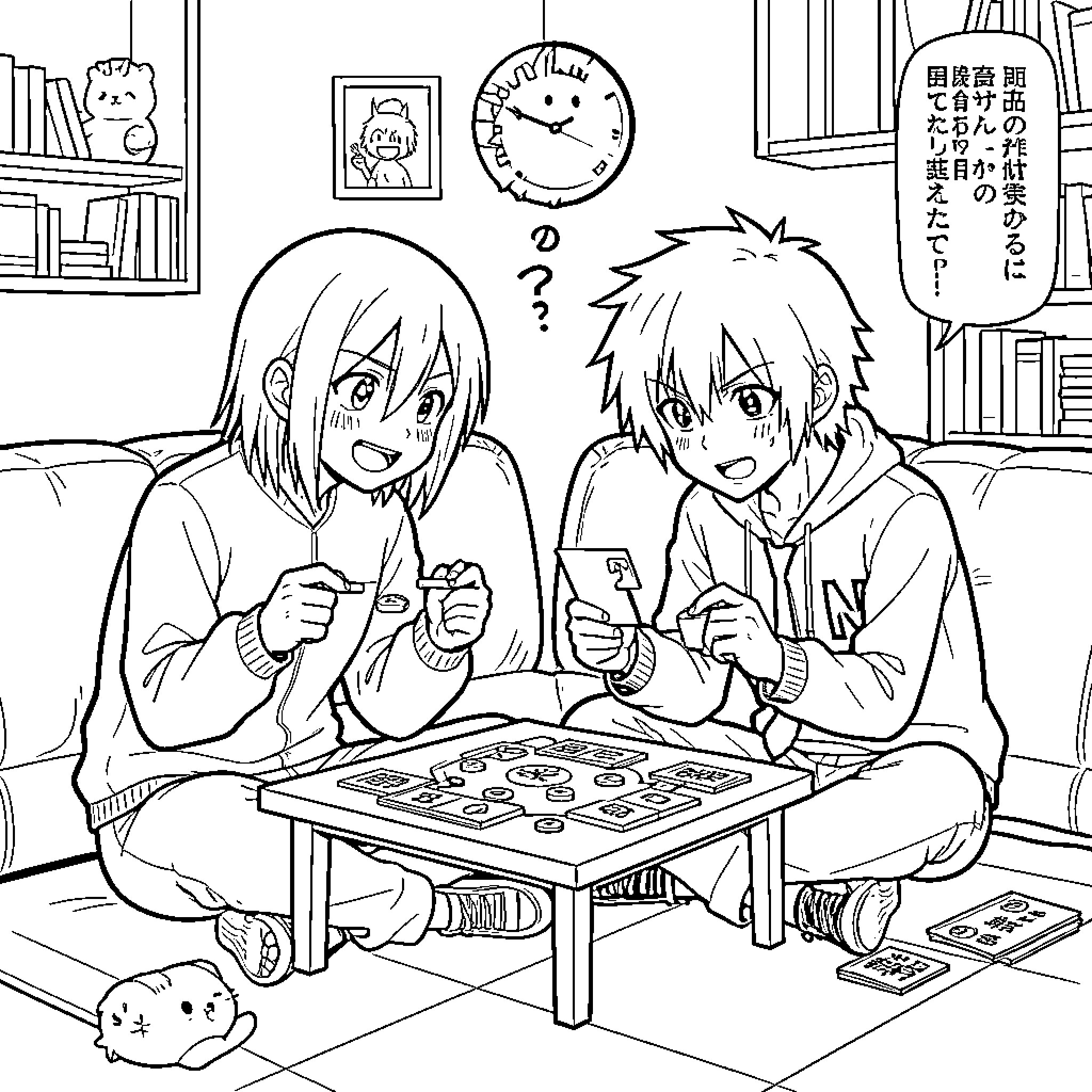 L and N Engaged in a Board Game Indoors Coloring Page (free black-and-white line drawing printable PDF for all, from beginners to advanced learners, including children, teens, adults, and seniors)