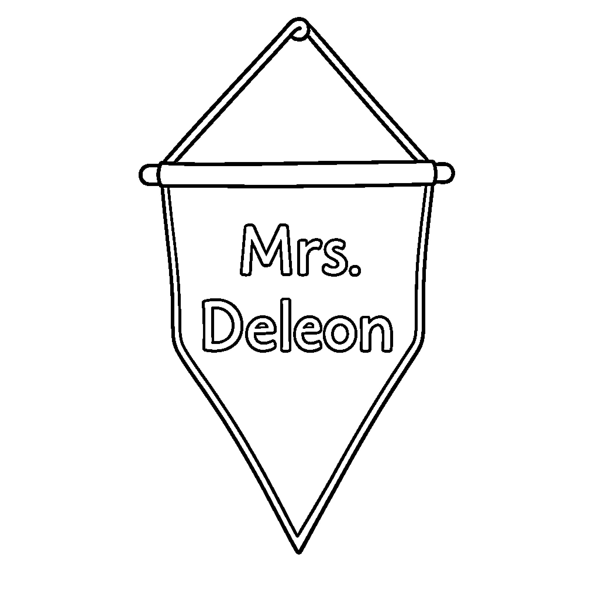 Pennant Flag displaying the name Mrs. Deleon Coloring Page (free black-and-white line drawing printable PDF for all, from beginners to advanced learners, including children, teens, adults, and seniors)