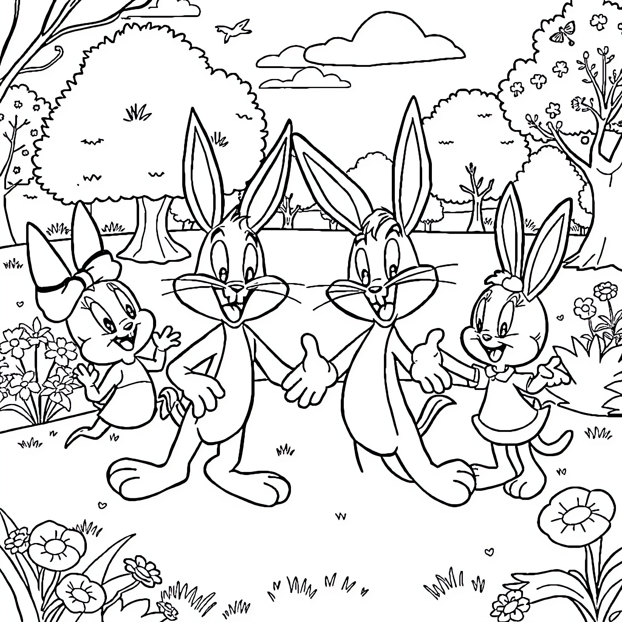 Looney Tunes characters having fun in the forest Coloring Page (free black-and-white line drawing printable PDF for all, from beginners to advanced learners, including children, teens, adults, and seniors)