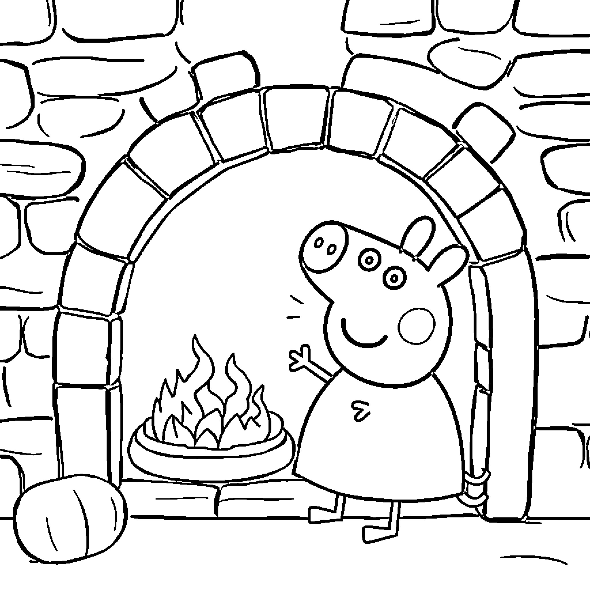 Peppa Pig warming up by the fireplace Coloring Page (free black-and-white line drawing printable PDF for all, from beginners to advanced learners, including children, teens, adults, and seniors)