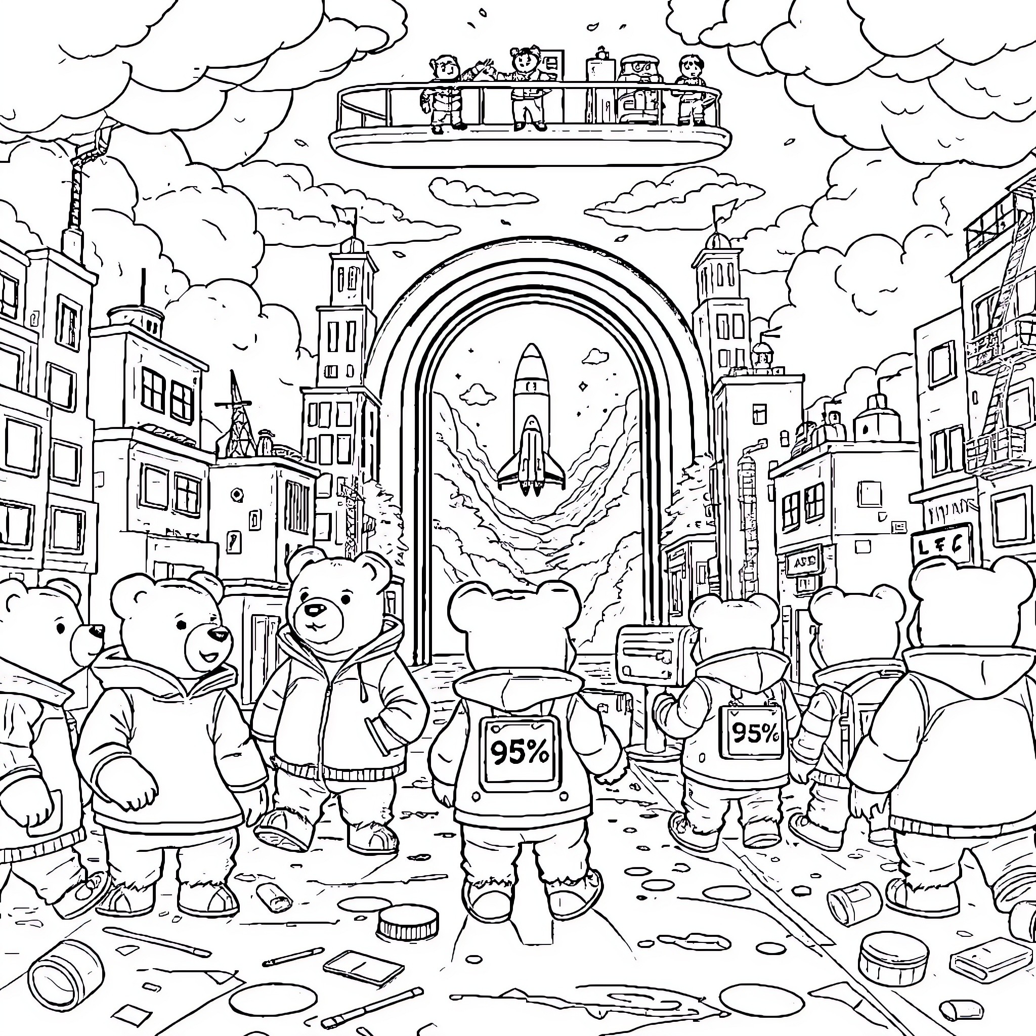 Bear characters exploring a futuristic cityscape Coloring Page (free black-and-white line drawing printable PDF for all, from beginners to advanced learners, including children, teens, adults, and seniors)