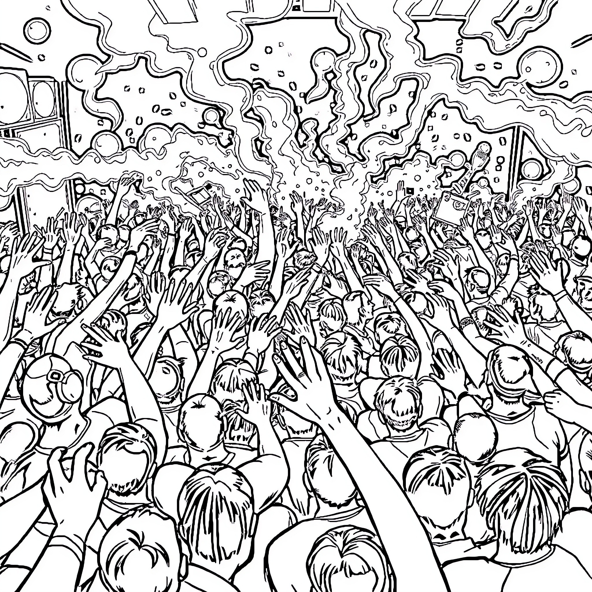 Mosh Pit of Energetic Music Fans Coloring Page (free black-and-white line drawing printable PDF for all, from beginners to advanced learners, including children, teens, adults, and seniors)