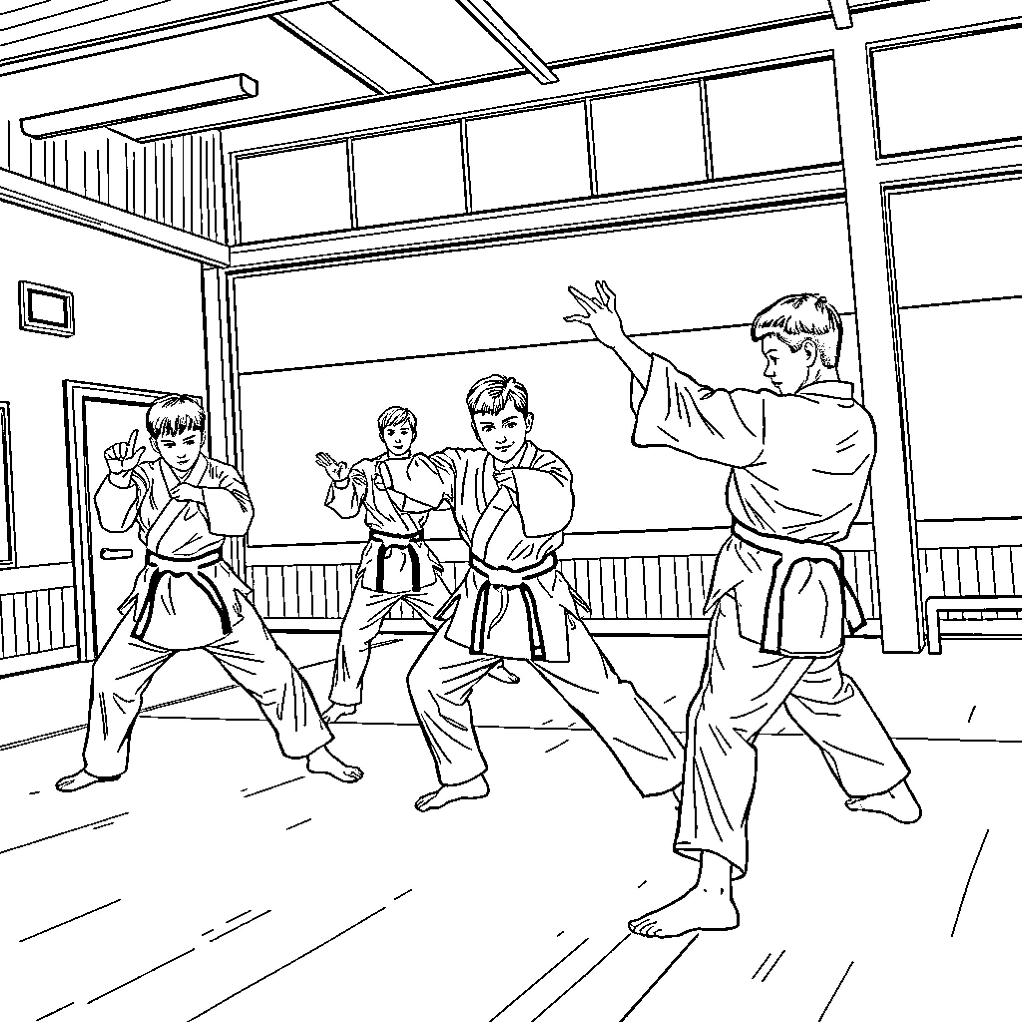 Karate students training in dojo Coloring Page (free black-and-white line drawing printable PDF for all, from beginners to advanced learners, including children, teens, adults, and seniors)