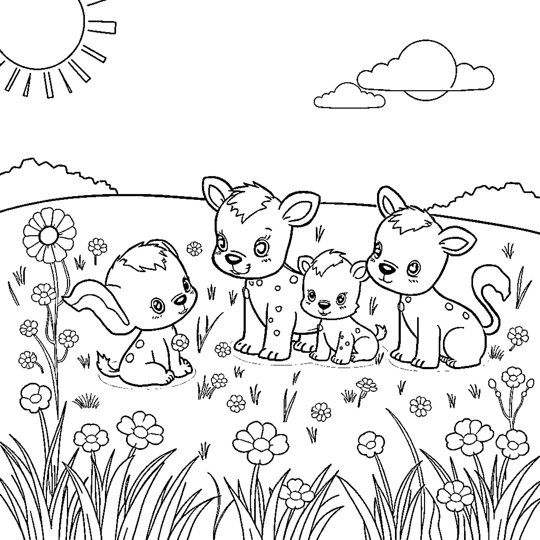 Baby Animals Playing in the Meadow Coloring Page (free black-and-white line drawing printable PDF for all, from beginners to advanced learners, including children, teens, adults, and seniors)