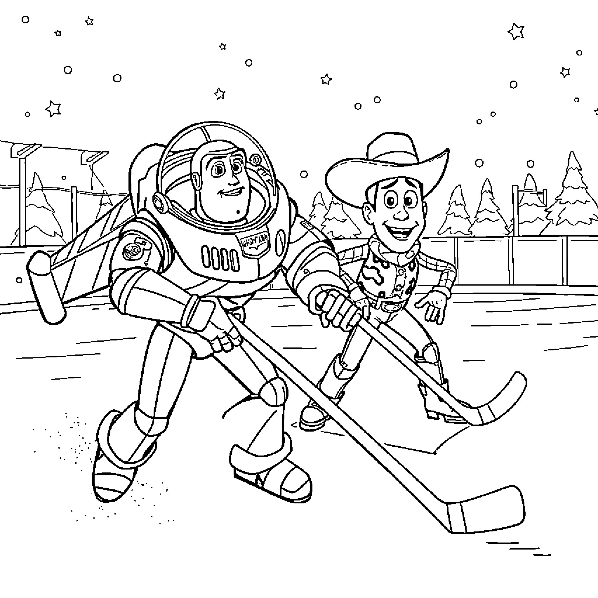 Buzz Lightyear and Woody playing together in the space Coloring Page (free black-and-white line drawing printable PDF for all, from beginners to advanced learners, including children, teens, adults, and seniors)