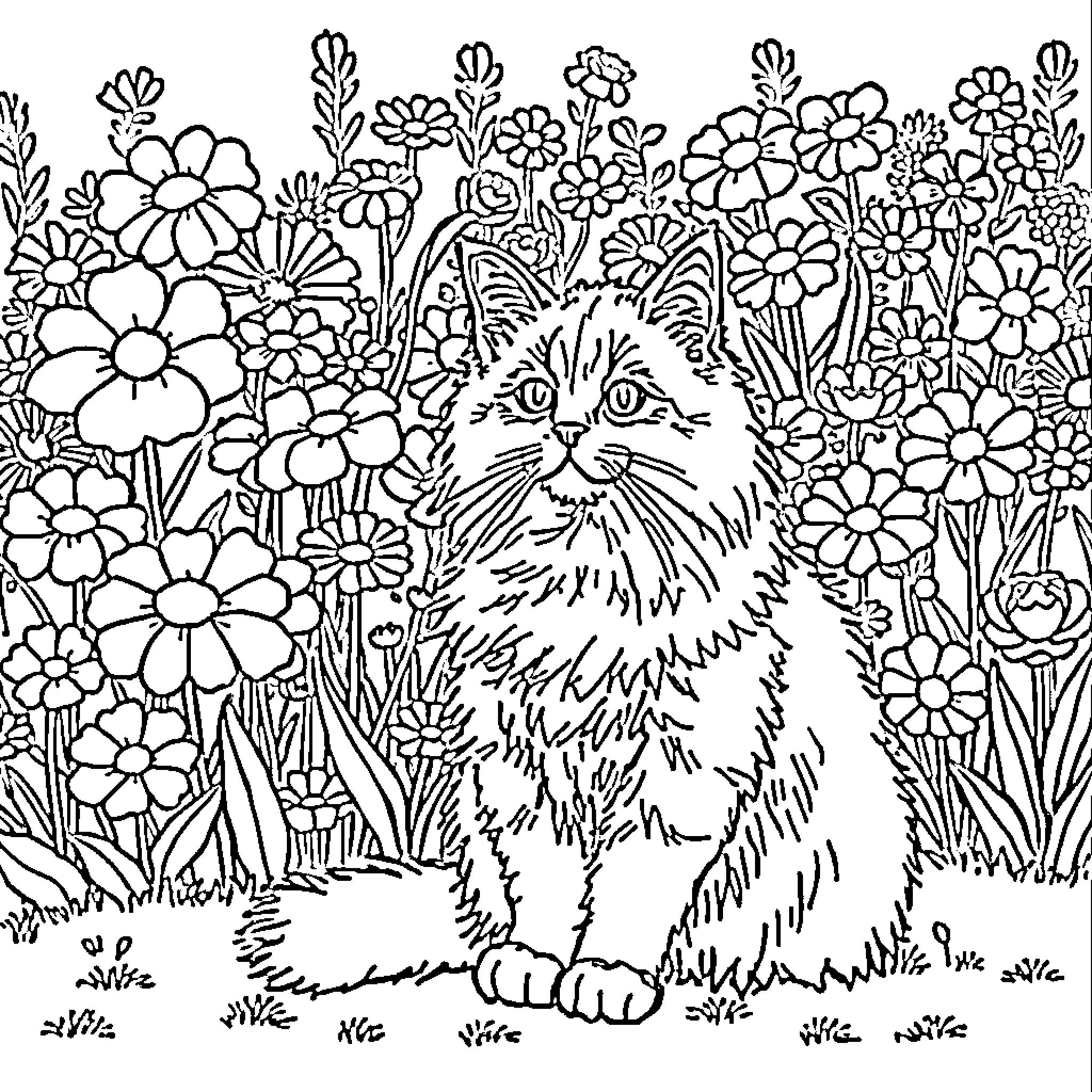 Cat Amidst Floral Garden Coloring Page (free black-and-white line drawing printable PDF for all, from beginners to advanced learners, including children, teens, adults, and seniors)