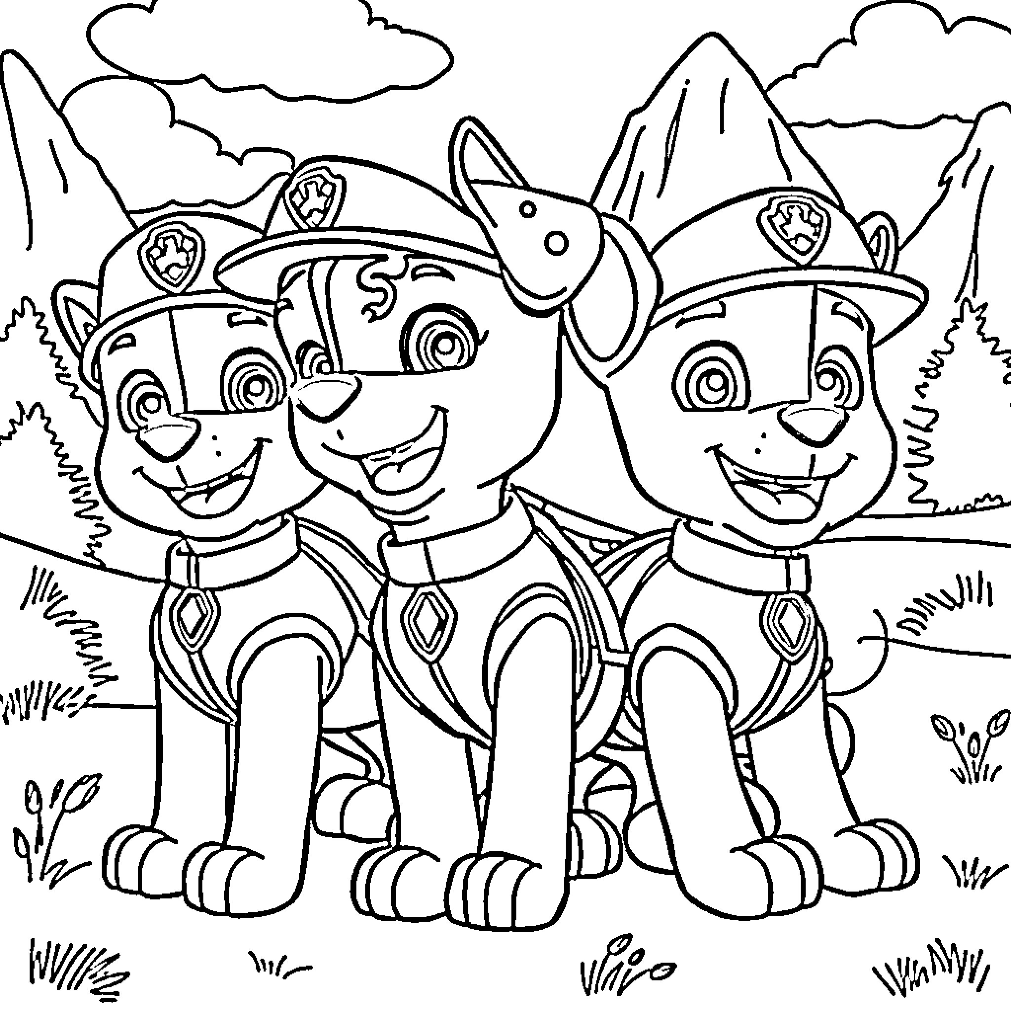 Paw Patrol Trio in Adventurous Poses Coloring Page (free black-and-white line drawing printable PDF for all, from beginners to advanced learners, including children, teens, adults, and seniors)