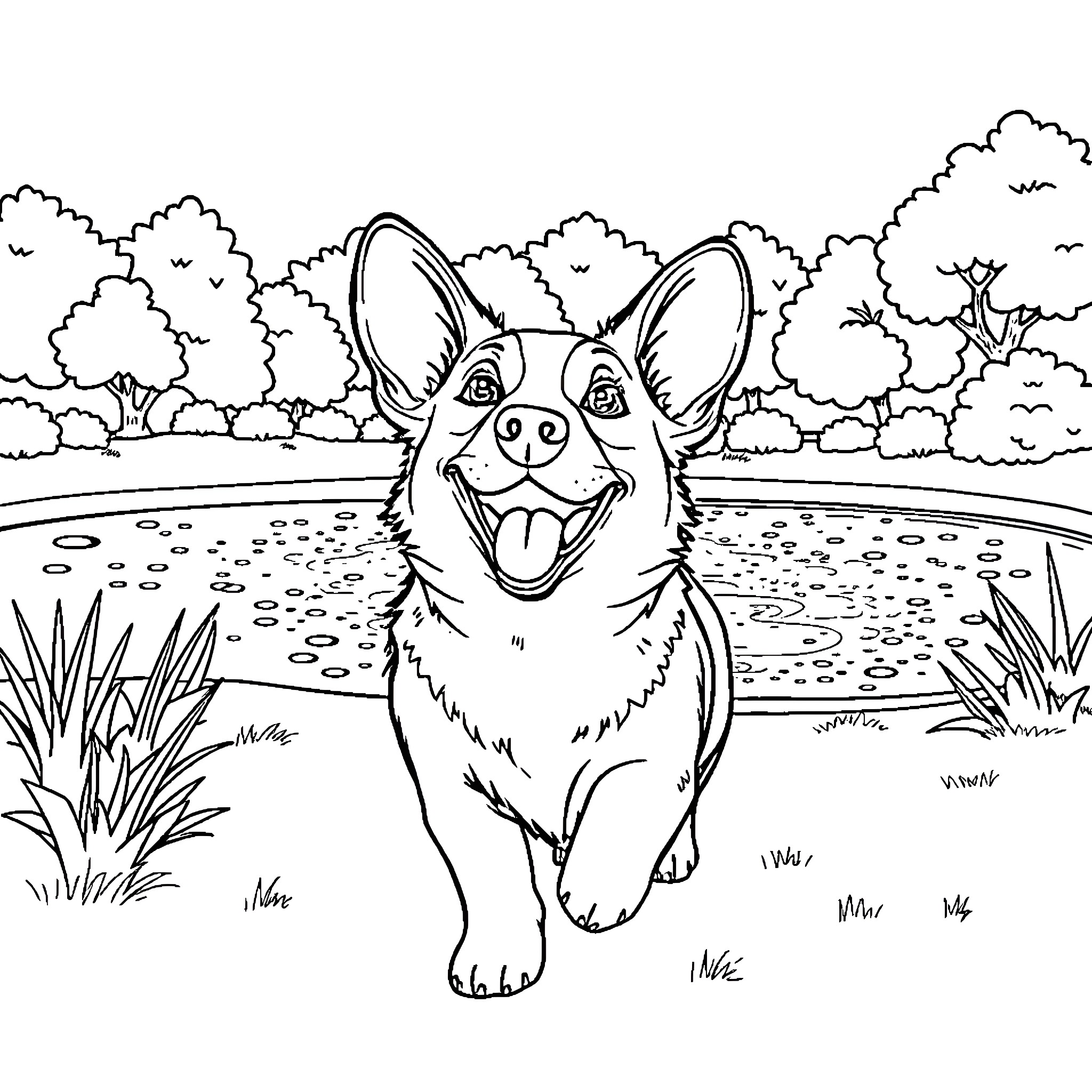 Corgi playing happily in the outdoor landscape Coloring Page (free black-and-white line drawing printable PDF for all, from beginners to advanced learners, including children, teens, adults, and seniors)