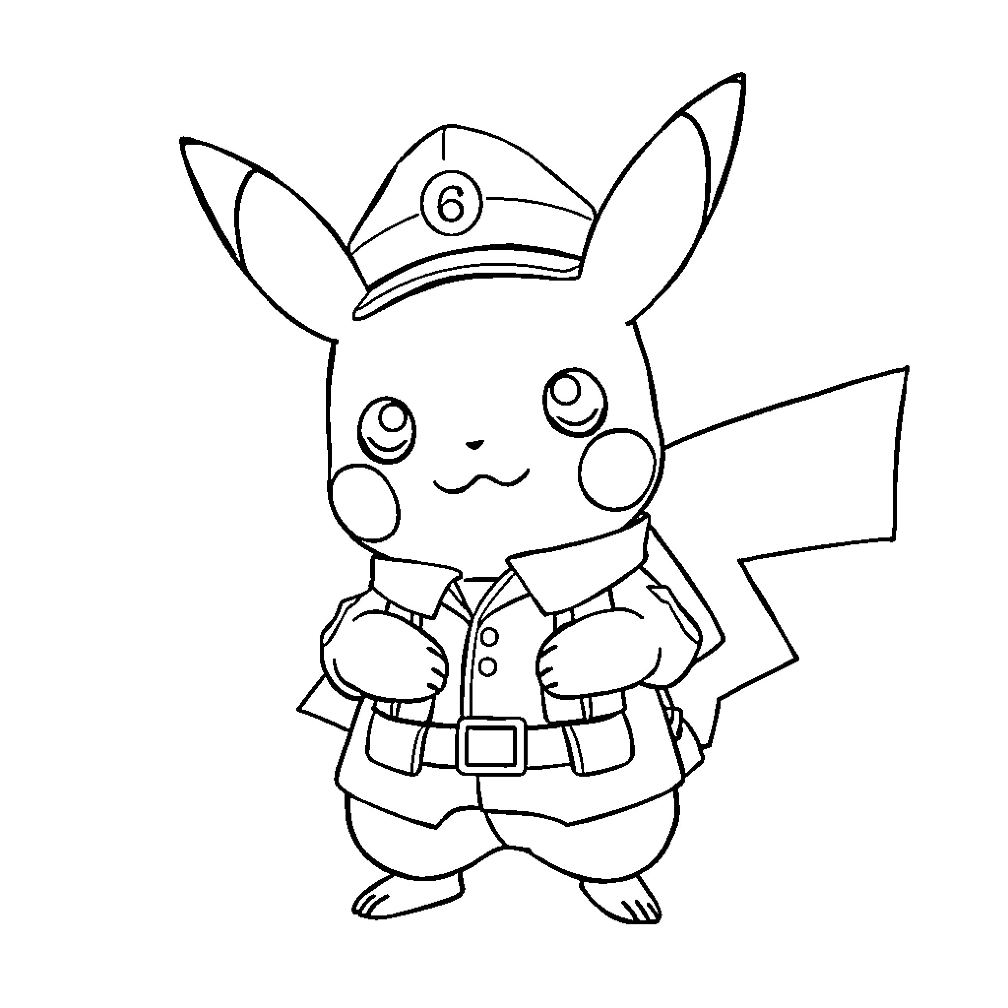 Pikachu dressed as a police officer Coloring Page (free black-and-white line drawing printable PDF for all, from beginners to advanced learners, including children, teens, adults, and seniors)