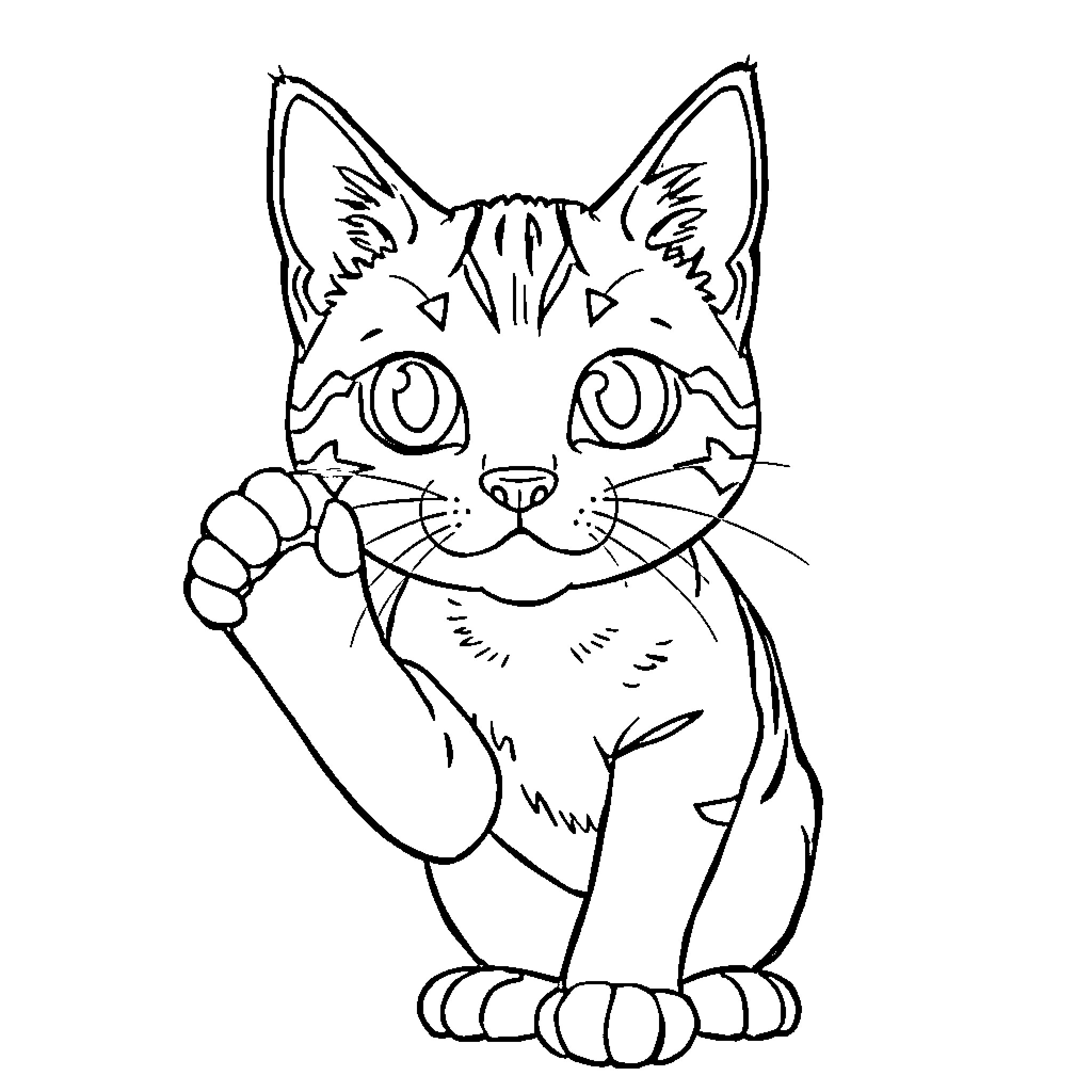 Gato playing with toy in black and white Coloring Page (free black-and-white line drawing printable PDF for all, from beginners to advanced learners, including children, teens, adults, and seniors)