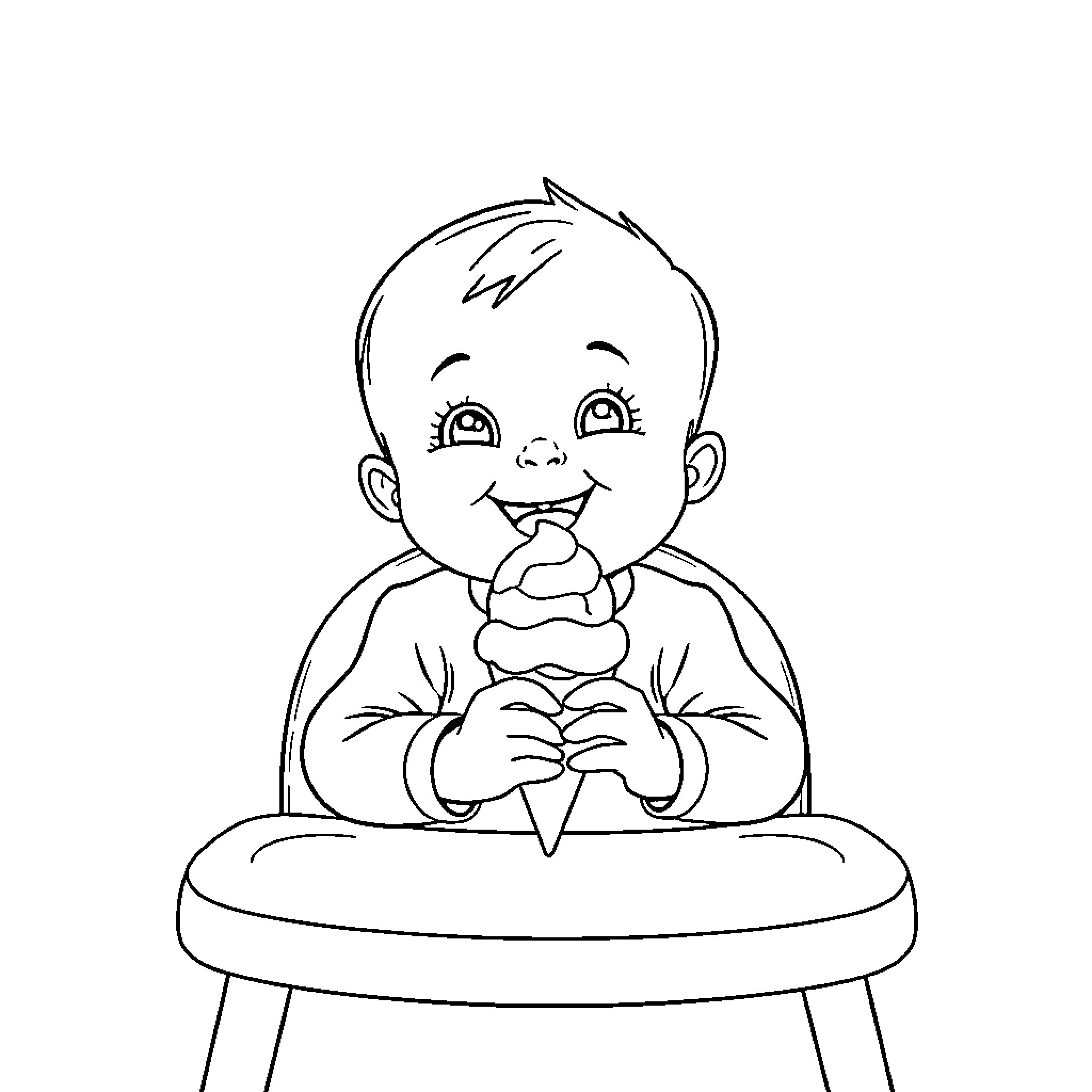 Baby enjoying ice cream treat Coloring Page (free black-and-white line drawing printable PDF for all, from beginners to advanced learners, including children, teens, adults, and seniors)