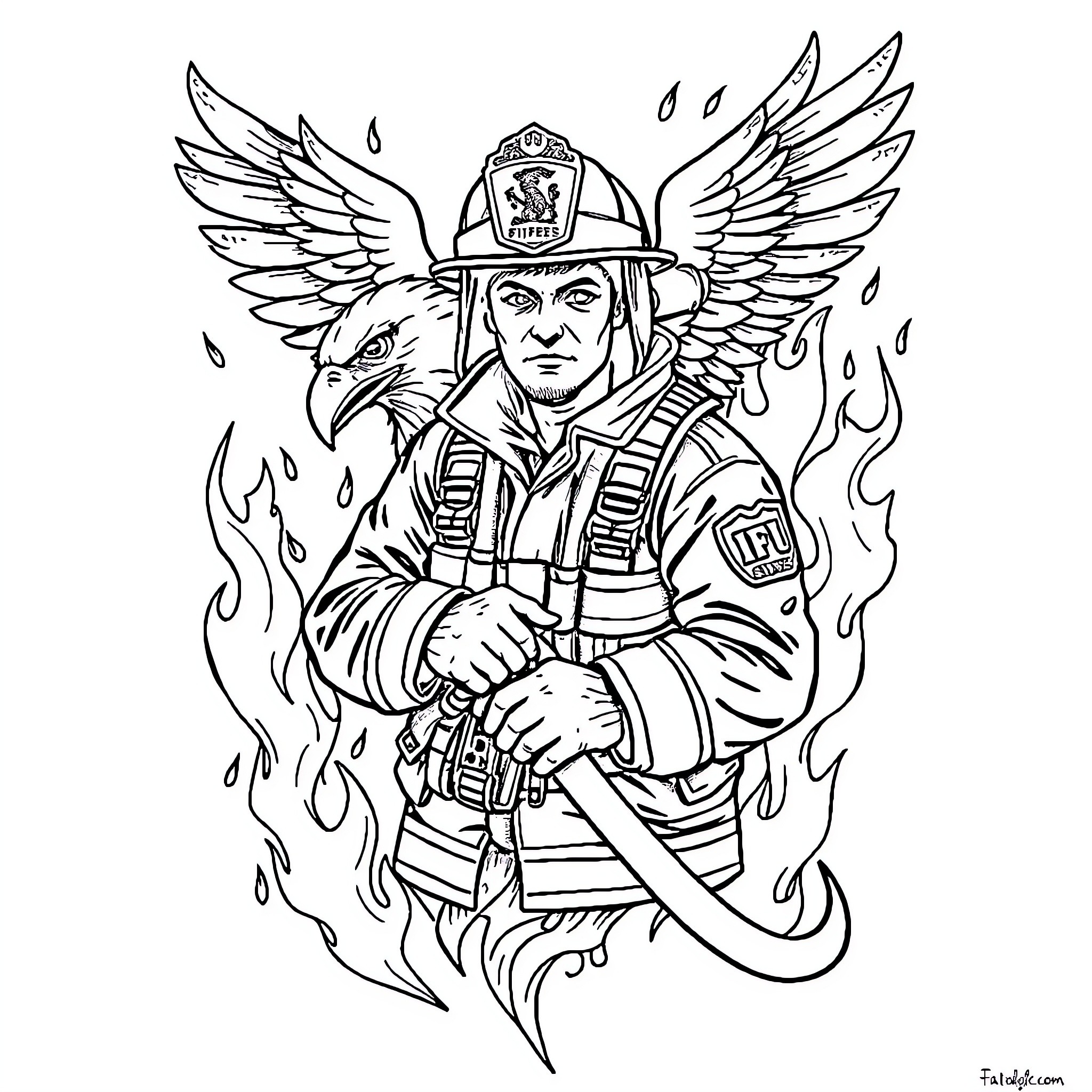 Firefighter hero battles blazing flames with eagle guardian Coloring Page (free black-and-white line drawing printable PDF for all, from beginners to advanced learners, including children, teens, adults, and seniors)