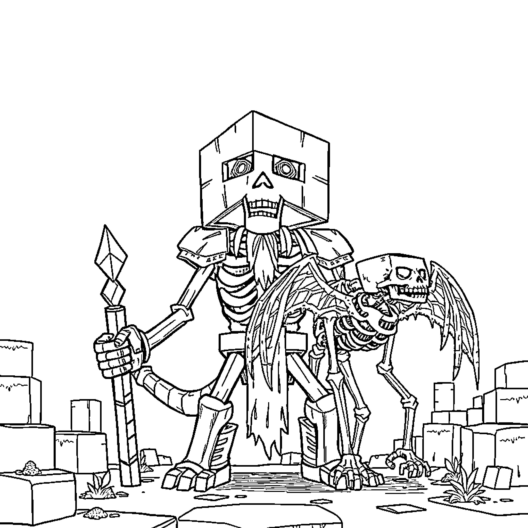 Warden of the Ruins Guarding the Wasteland Coloring Page (free black-and-white line drawing printable PDF for all, from beginners to advanced learners, including children, teens, adults, and seniors)