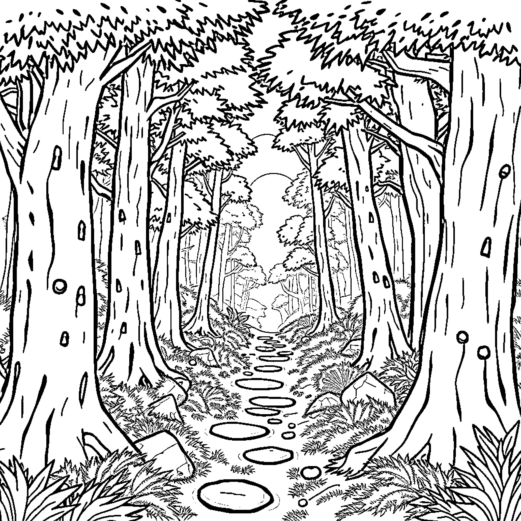 Roblox Adventurous Exploration in the Enchanted Forest Coloring Page (free black-and-white line drawing printable PDF for all, from beginners to advanced learners, including children, teens, adults, and seniors)
