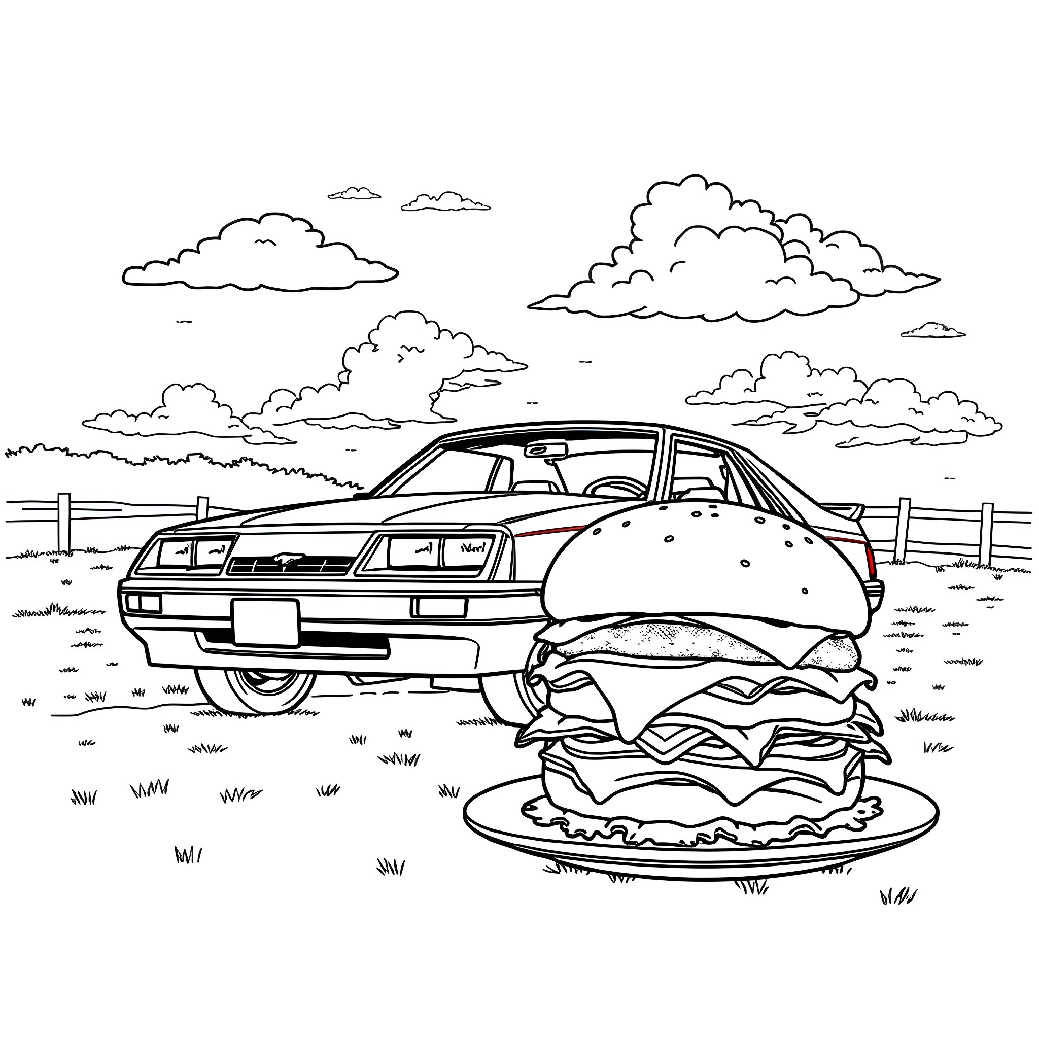 Mustang Car Racing with Giant Burger in the Countryside Coloring Page (free black-and-white line drawing printable PDF for all, from beginners to advanced learners, including children, teens, adults, and seniors)