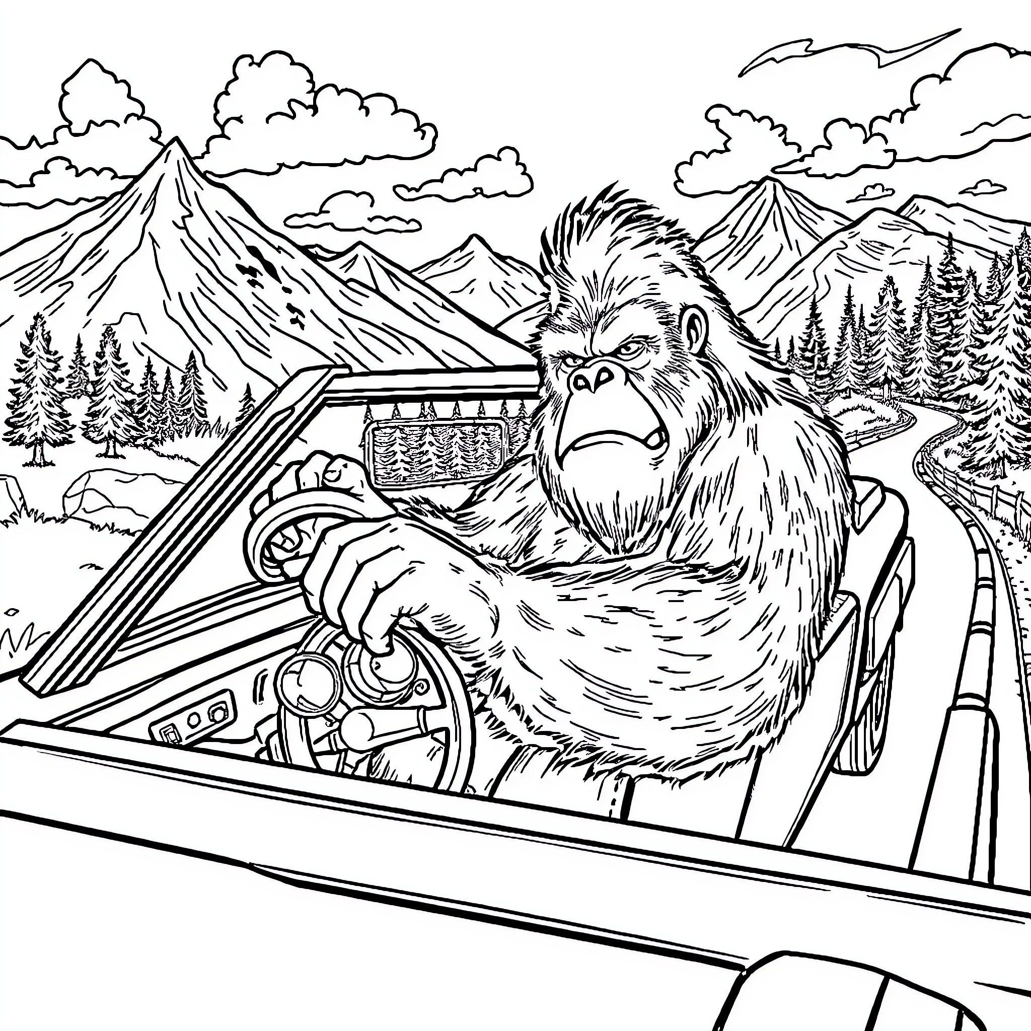 Bigfoot driving a vehicle in the mountains Coloring Page (free black-and-white line drawing printable PDF for all, from beginners to advanced learners, including children, teens, adults, and seniors)