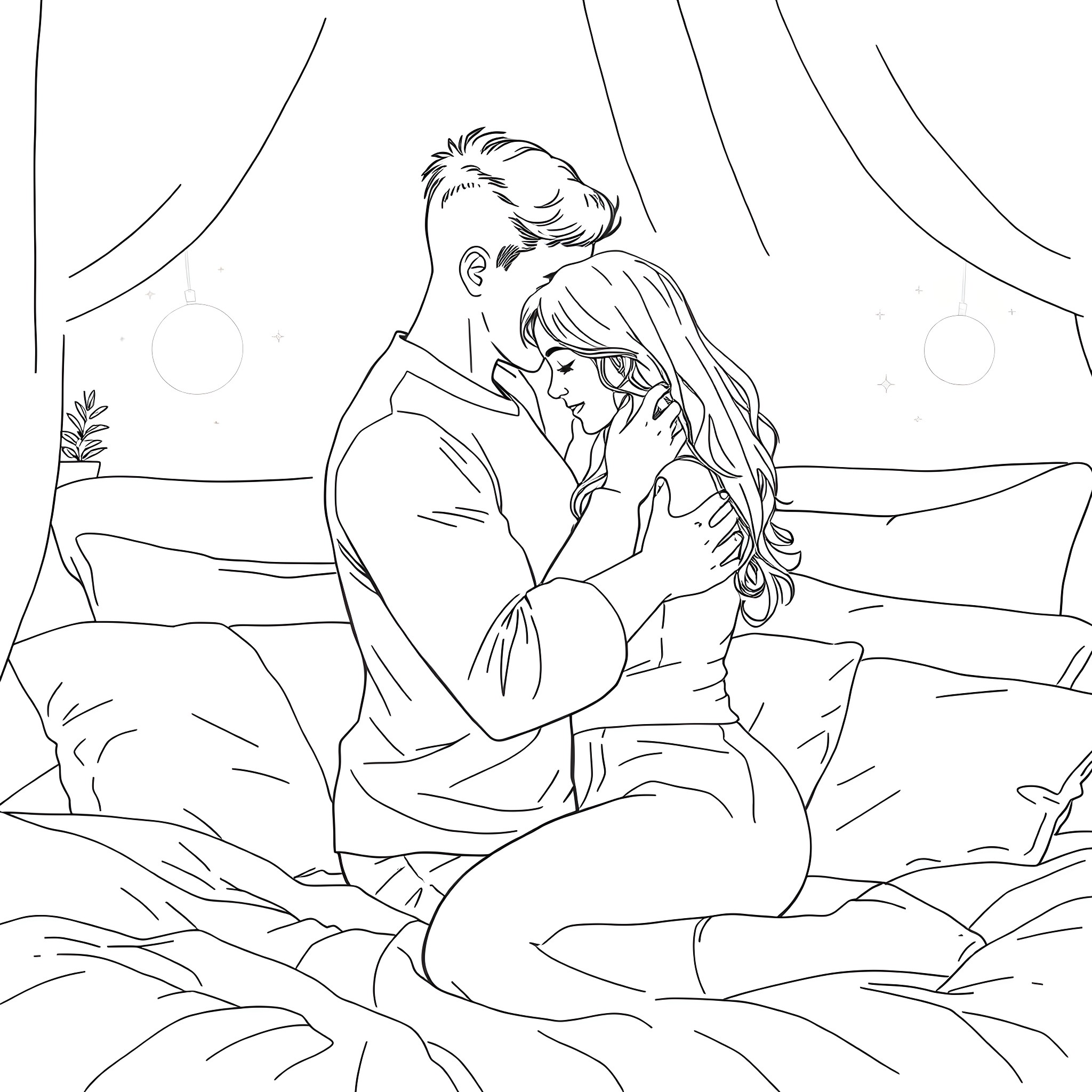Couple cuddling affectionately on the bed Coloring Page (free black-and-white line drawing printable PDF for all, from beginners to advanced learners, including children, teens, adults, and seniors)