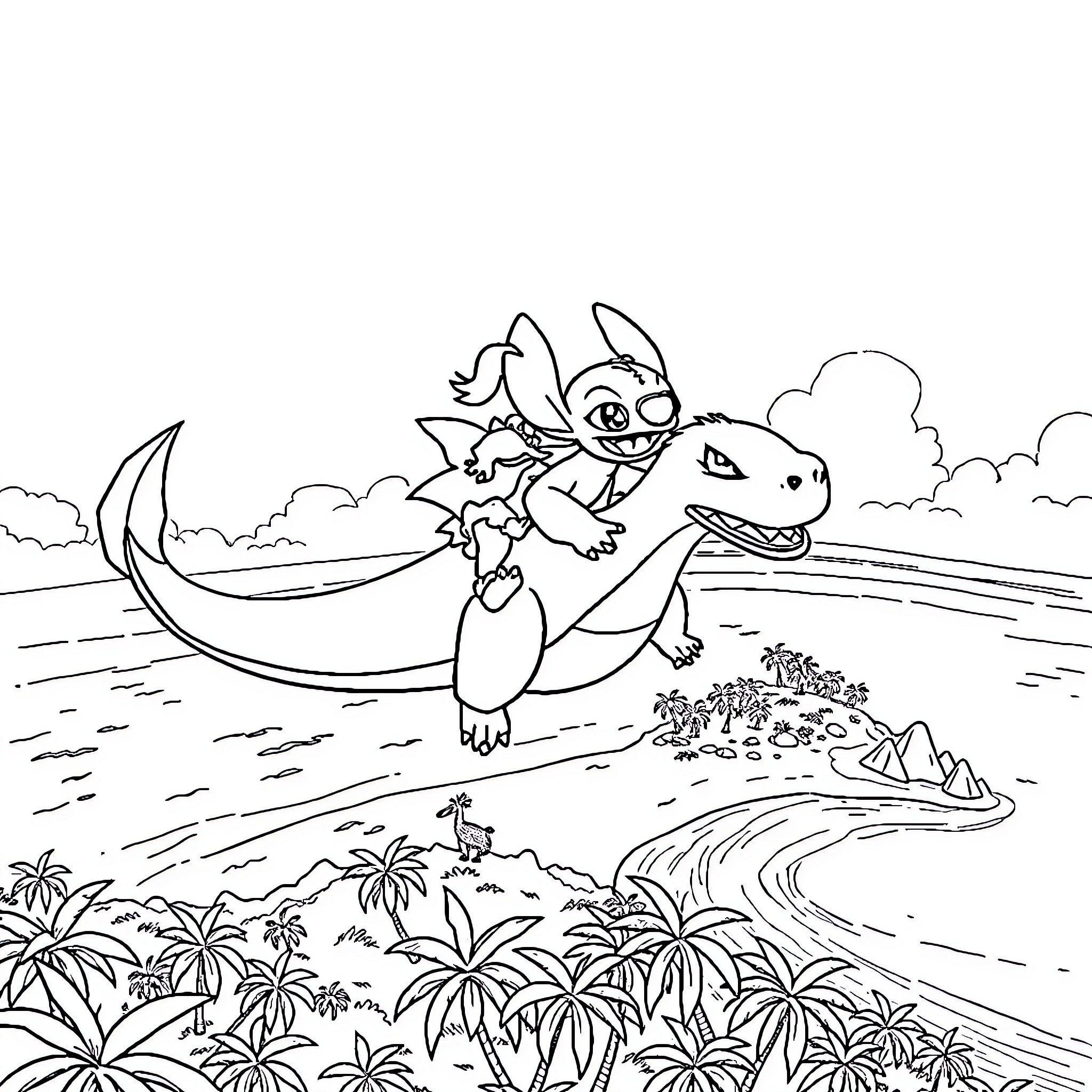 Lilo riding a dragon through the tropics Coloring Page (free black-and-white line drawing printable PDF for all, from beginners to advanced learners, including children, teens, adults, and seniors)