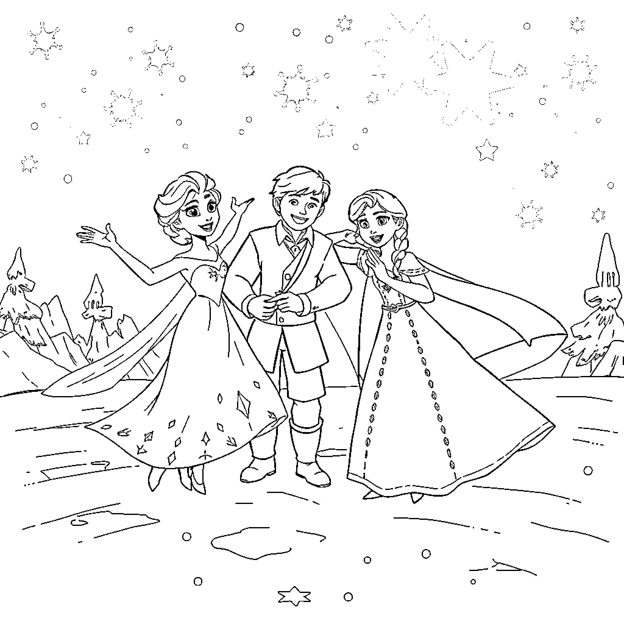 Elsa, Anna, and Hans in a Winter Wonderland Coloring Page (free black-and-white line drawing printable PDF for all, from beginners to advanced learners, including children, teens, adults, and seniors)