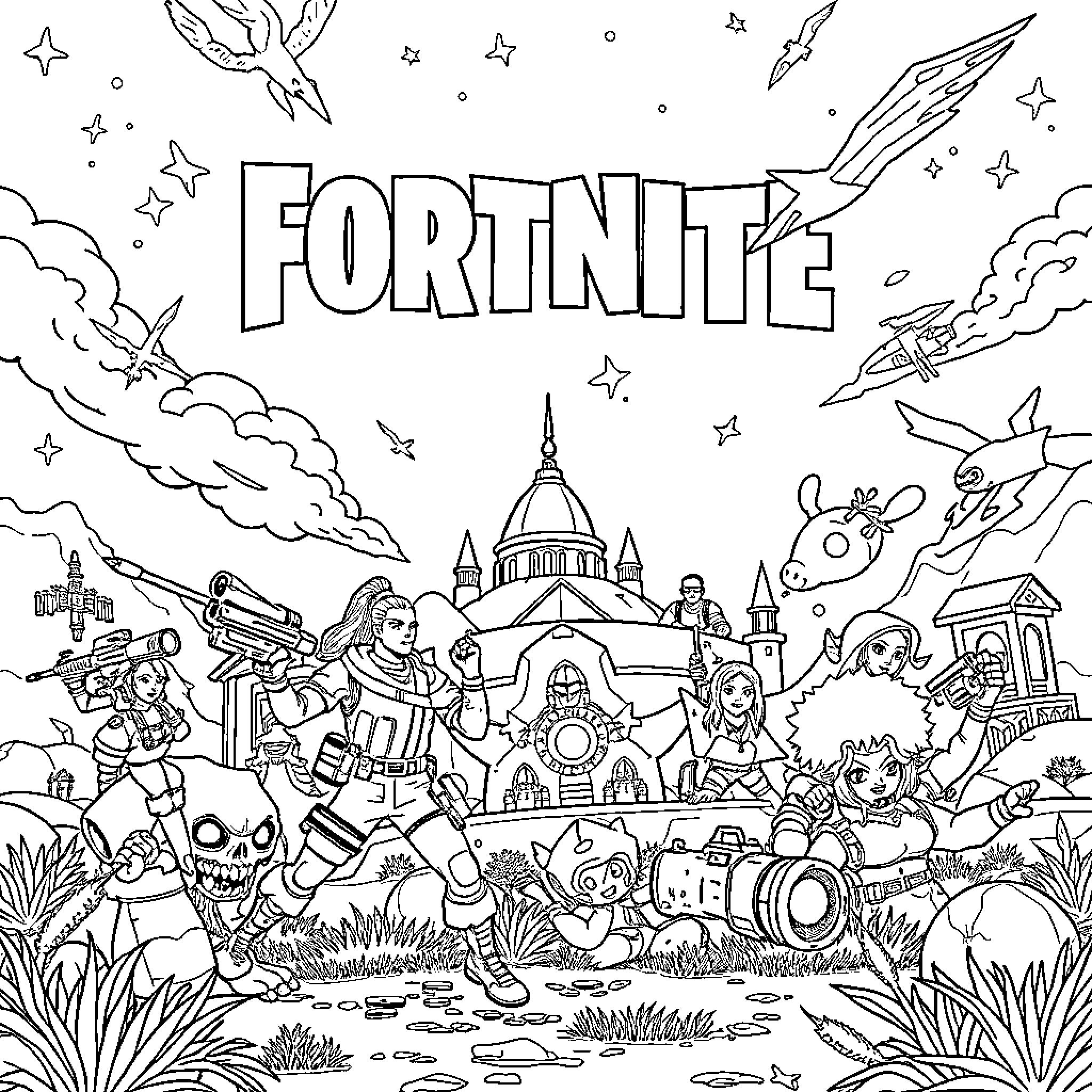 Fortnite characters in action-packed battle scene Coloring Page (free black-and-white line drawing printable PDF for all, from beginners to advanced learners, including children, teens, adults, and seniors)