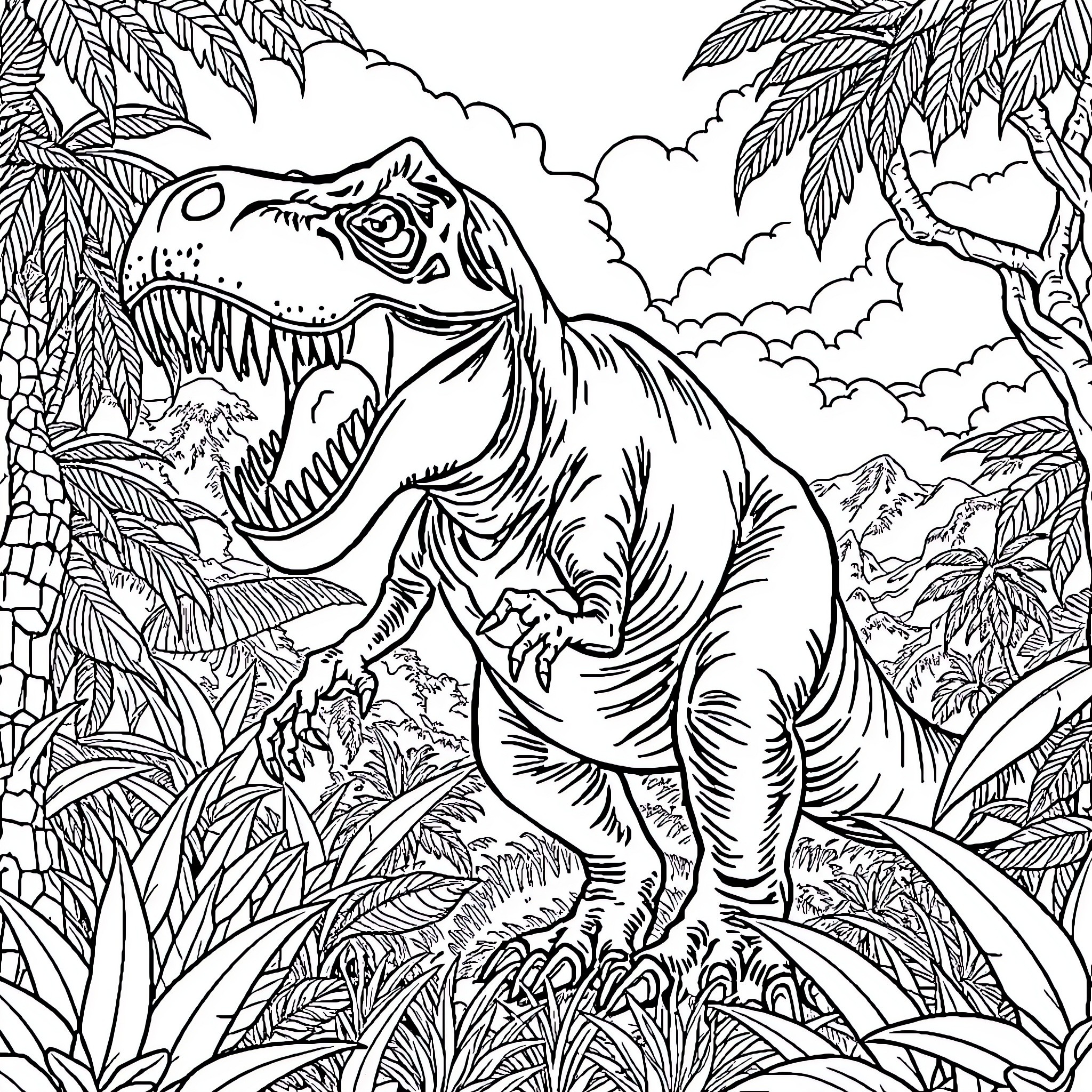 T-Rex Roaring Fiercely in Prehistoric Jungle Landscape Coloring Page (free black-and-white line drawing printable PDF for all, from beginners to advanced learners, including children, teens, adults, and seniors)