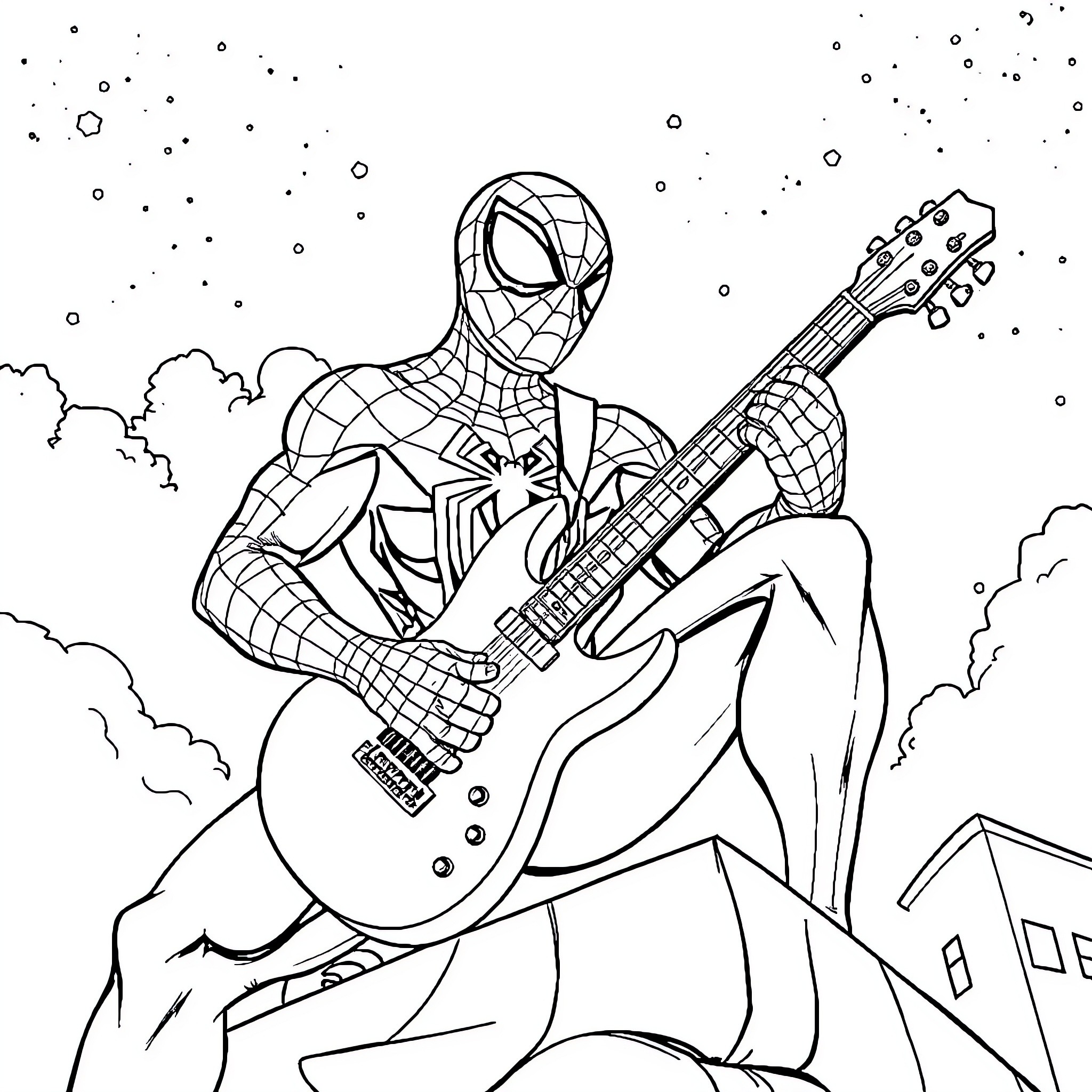 Spidey Rocks the City with Guitar Coloring Page (free black-and-white line drawing printable PDF for all, from beginners to advanced learners, including children, teens, adults, and seniors)