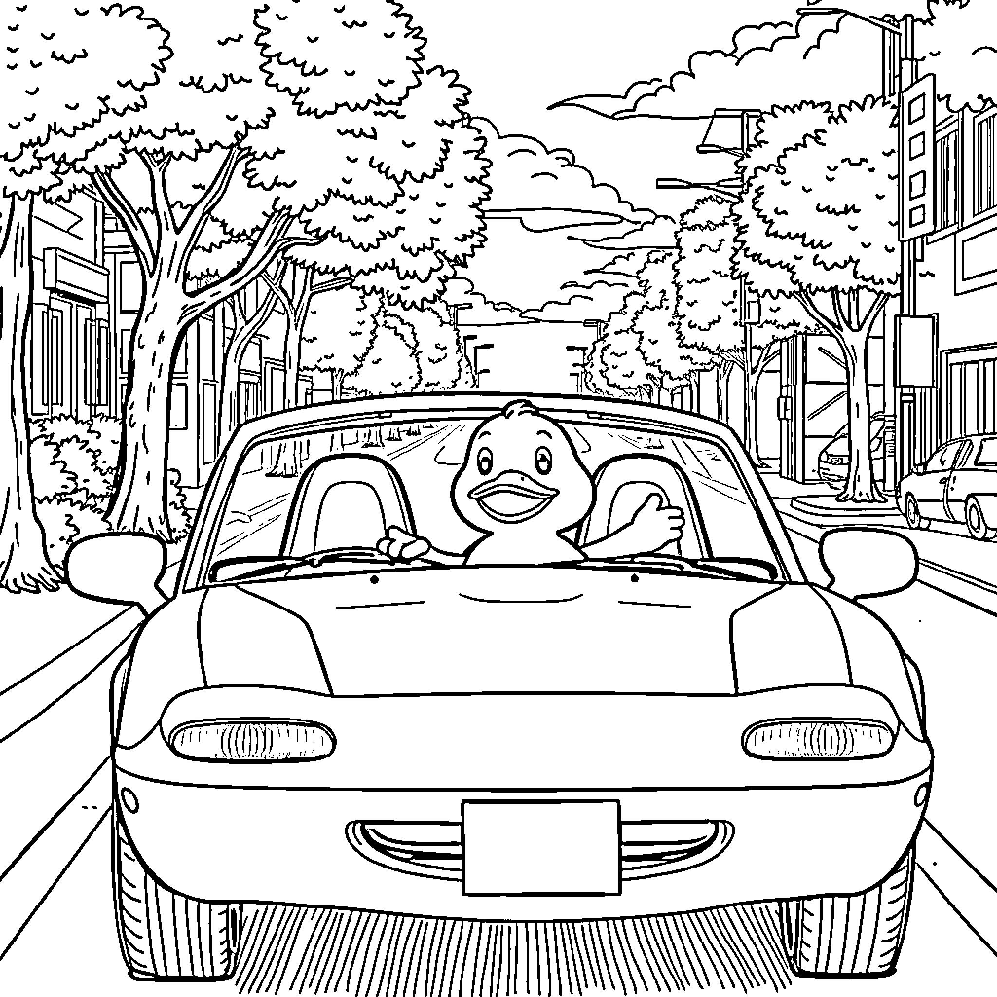 Rubber Duck Driving Happily through the City Coloring Page (free black-and-white line drawing printable PDF for all, from beginners to advanced learners, including children, teens, adults, and seniors)