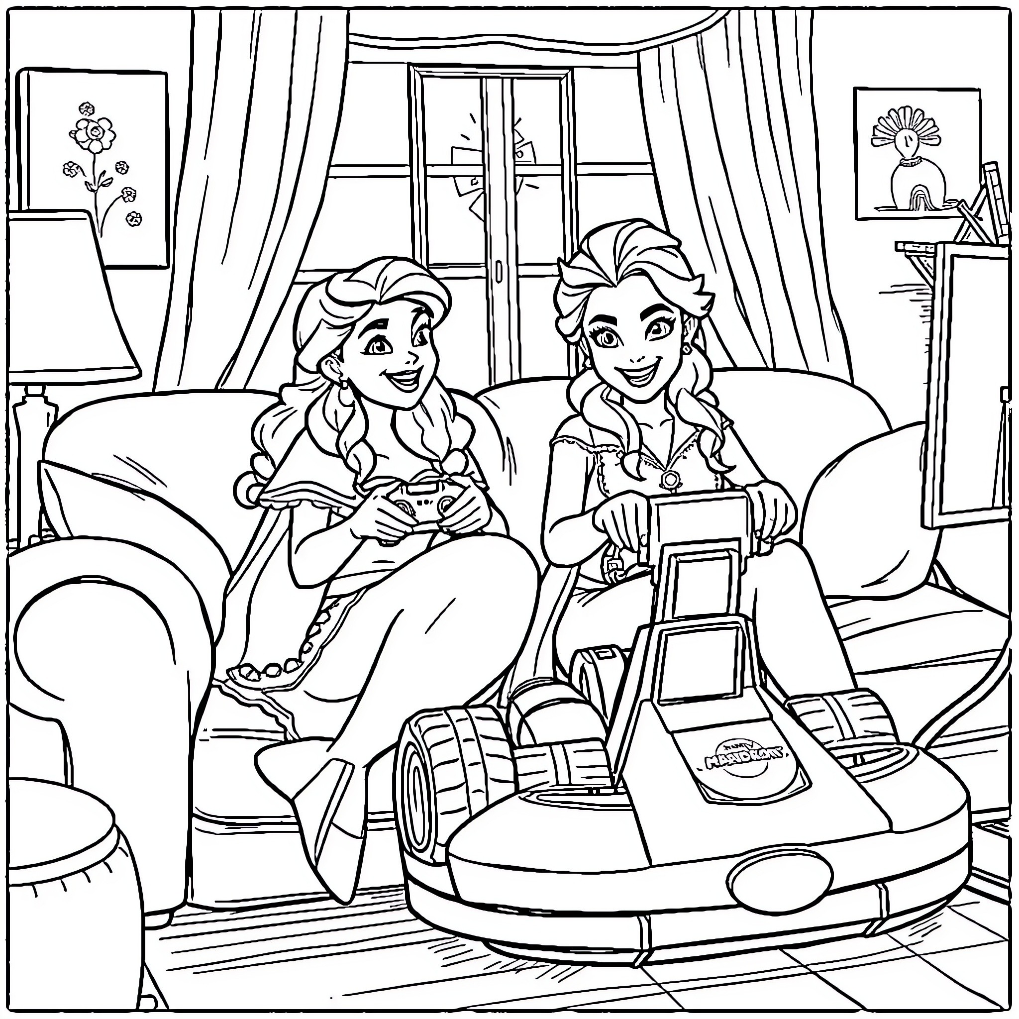 Ariel and Elsa enjoying a cozy indoor activity together Coloring Page (free black-and-white line drawing printable PDF for all, from beginners to advanced learners, including children, teens, adults, and seniors)