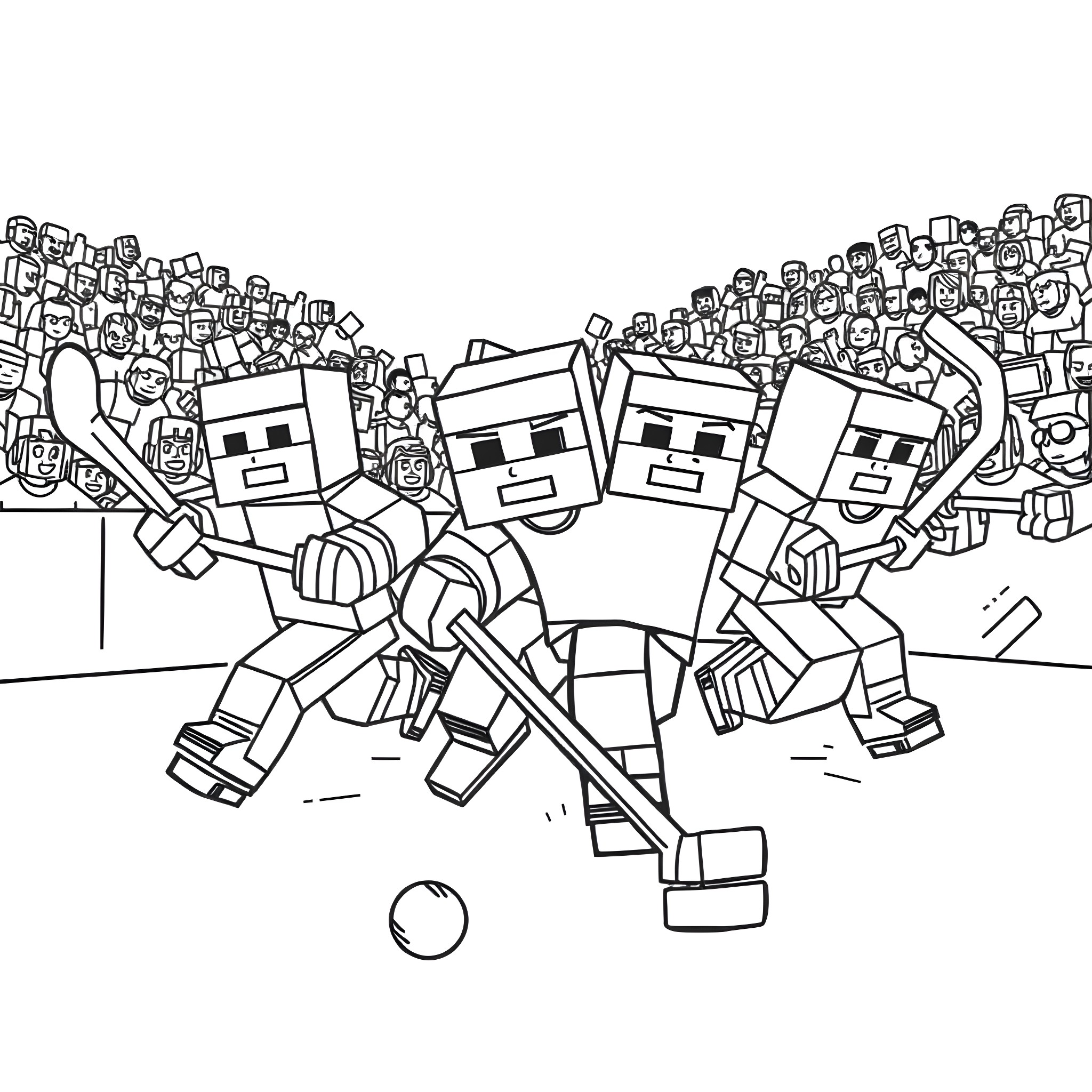 Minecraft characters playing hockey with crowd Coloring Page (free black-and-white line drawing printable PDF for all, from beginners to advanced learners, including children, teens, adults, and seniors)