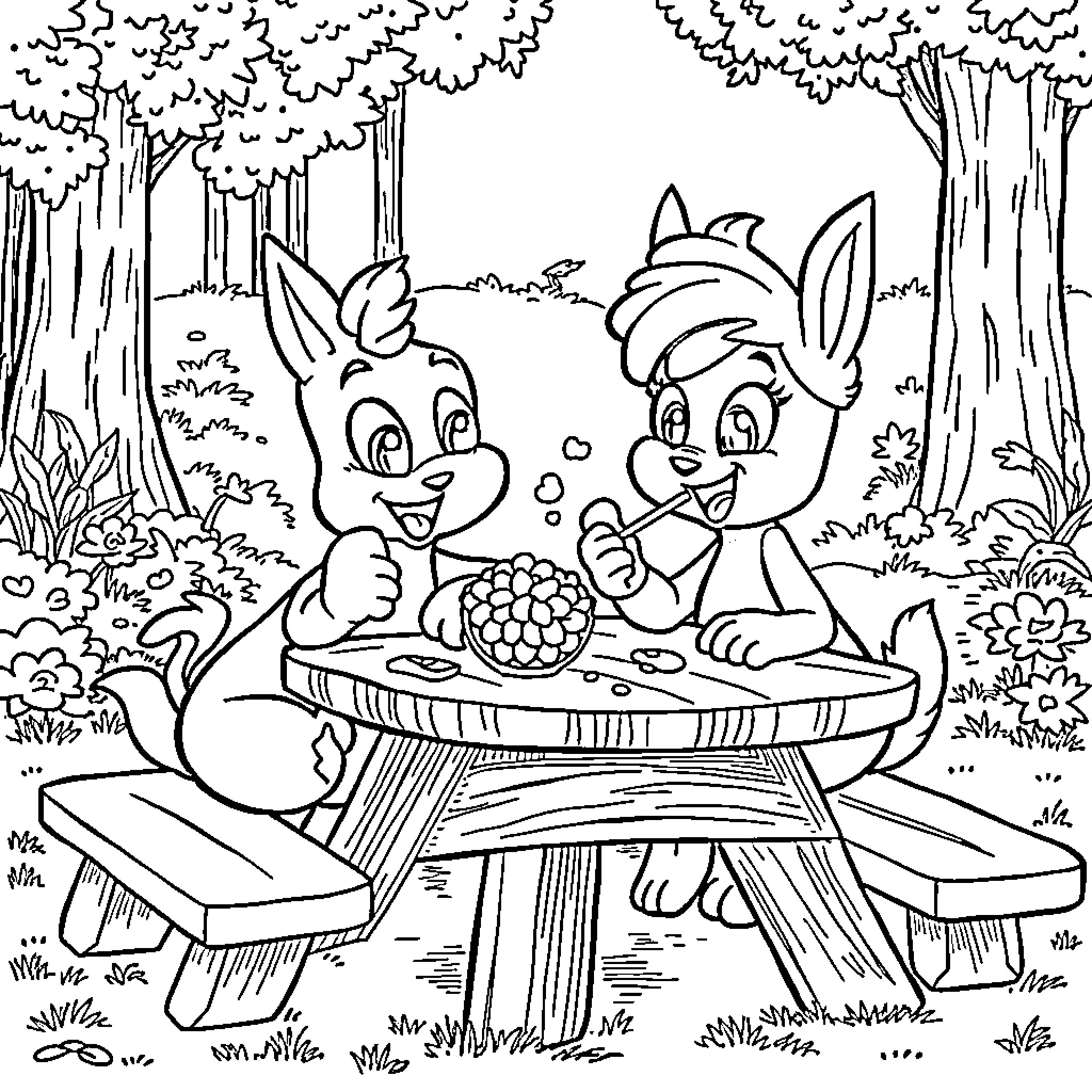 Bluey and Bingo enjoying a picnic in the forest Coloring Page (free black-and-white line drawing printable PDF for all, from beginners to advanced learners, including children, teens, adults, and seniors)