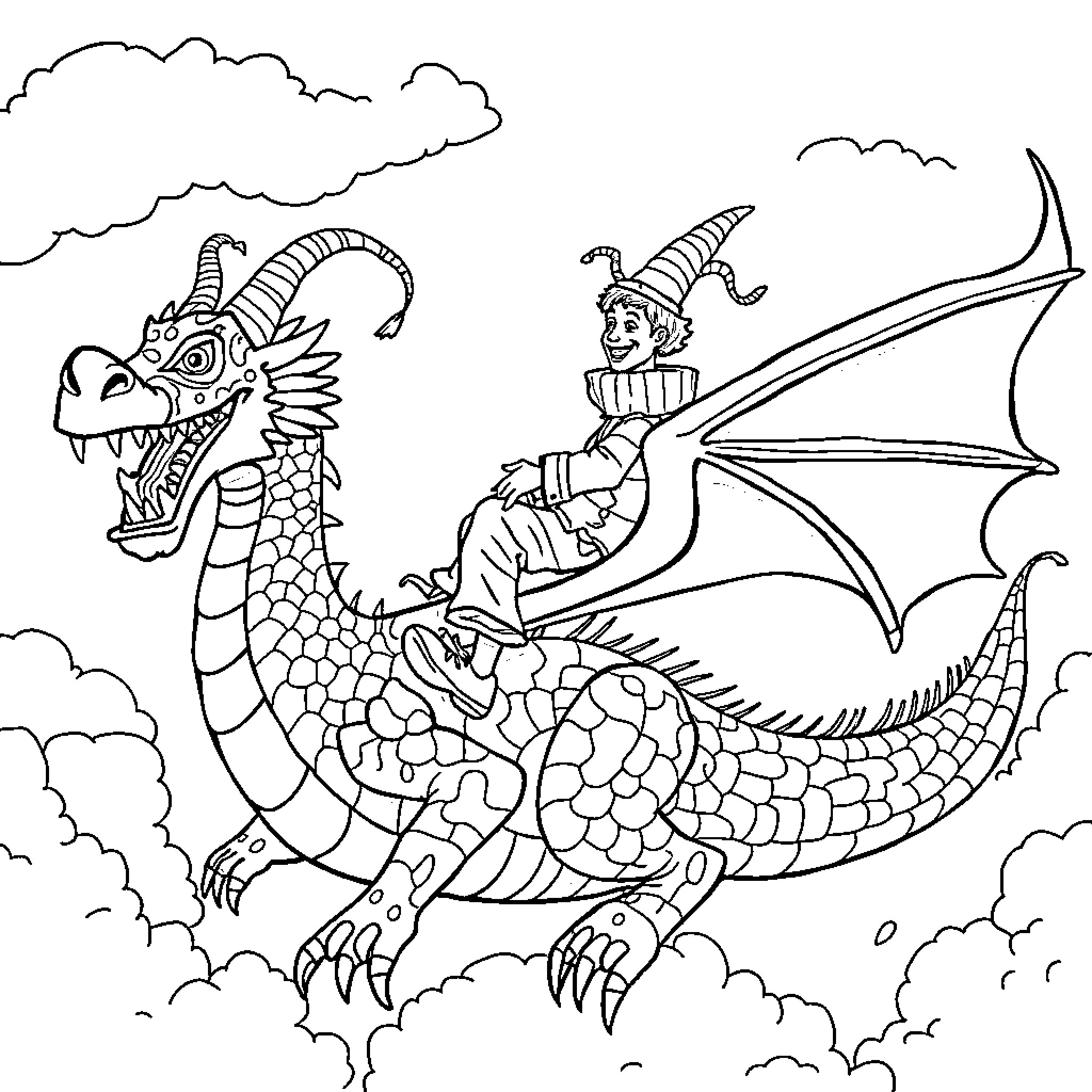 Clown riding a fearsome dragon in the sky Coloring Page (free black-and-white line drawing printable PDF for all, from beginners to advanced learners, including children, teens, adults, and seniors)