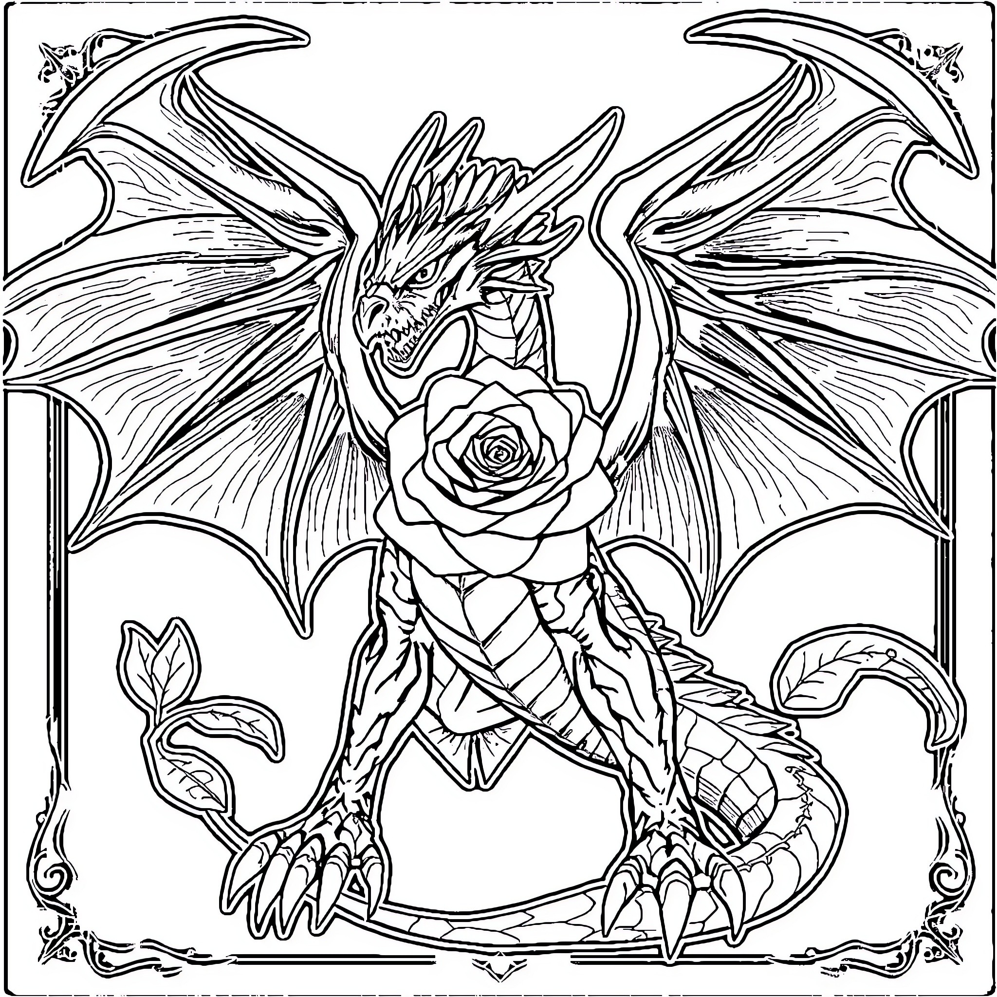 Rose Dragon Guarding a Flower in a Detailed Scene Coloring Page (free black-and-white line drawing printable PDF for all, from beginners to advanced learners, including children, teens, adults, and seniors)