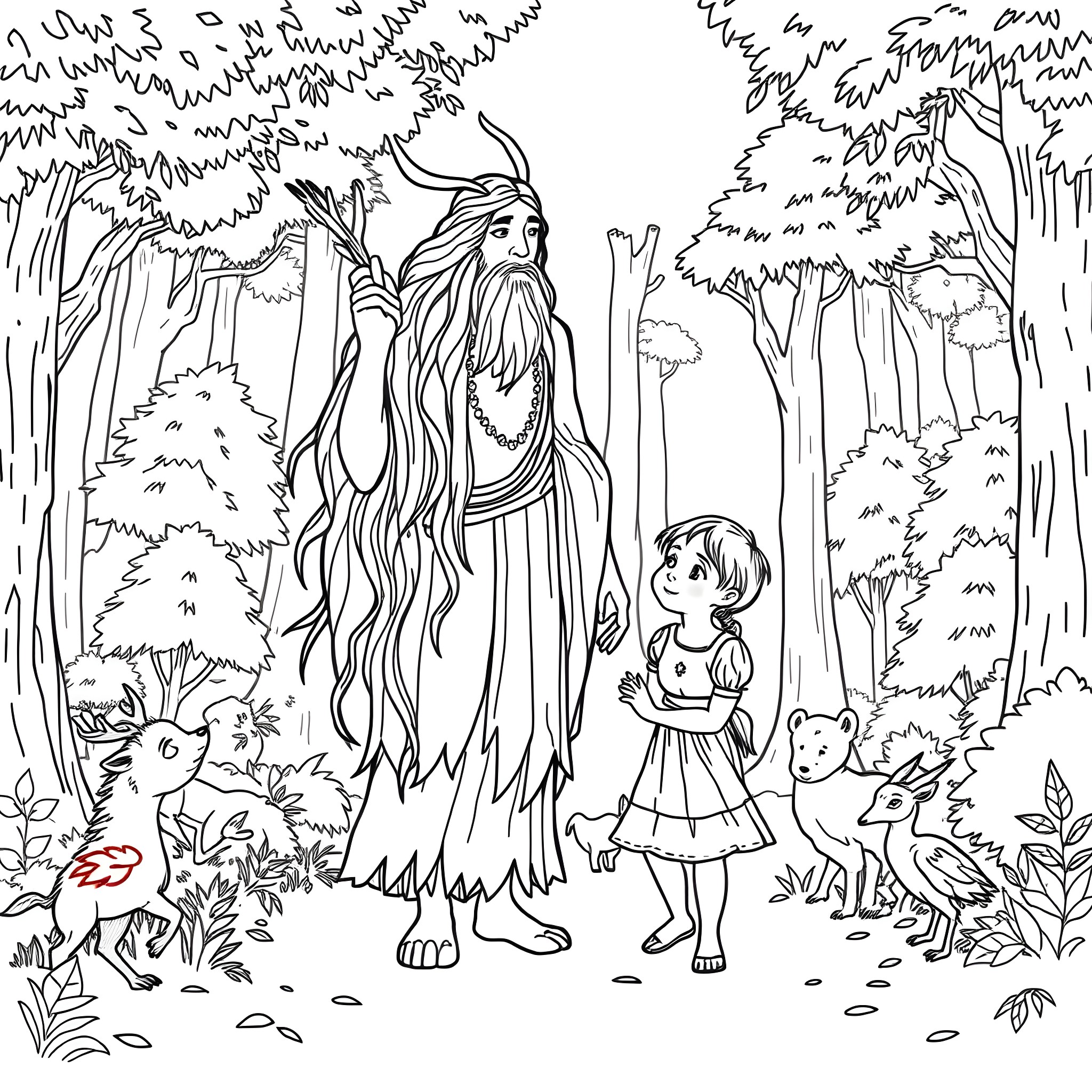 Great Spirit guiding a young girl through the enchanted forest Coloring Page (free black-and-white line drawing printable PDF for all, from beginners to advanced learners, including children, teens, adults, and seniors)