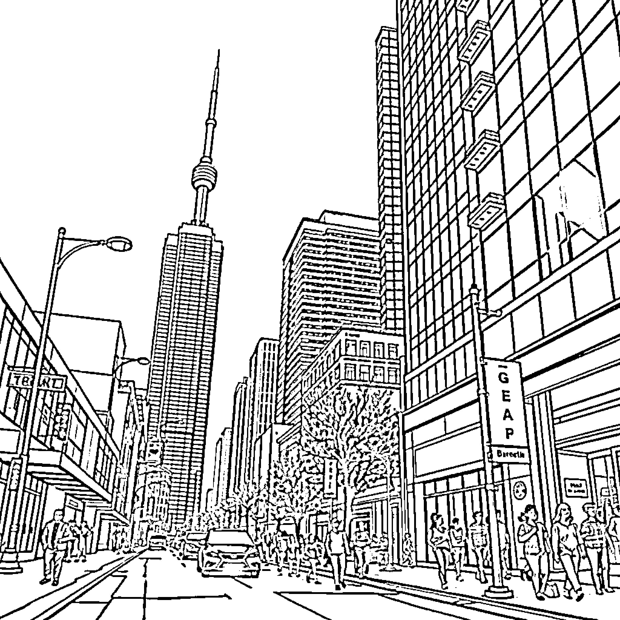 Building with Towering Skyscrapers and Bustling Street Scene Coloring Page (free black-and-white line drawing printable PDF for all, from beginners to advanced learners, including children, teens, adults, and seniors)