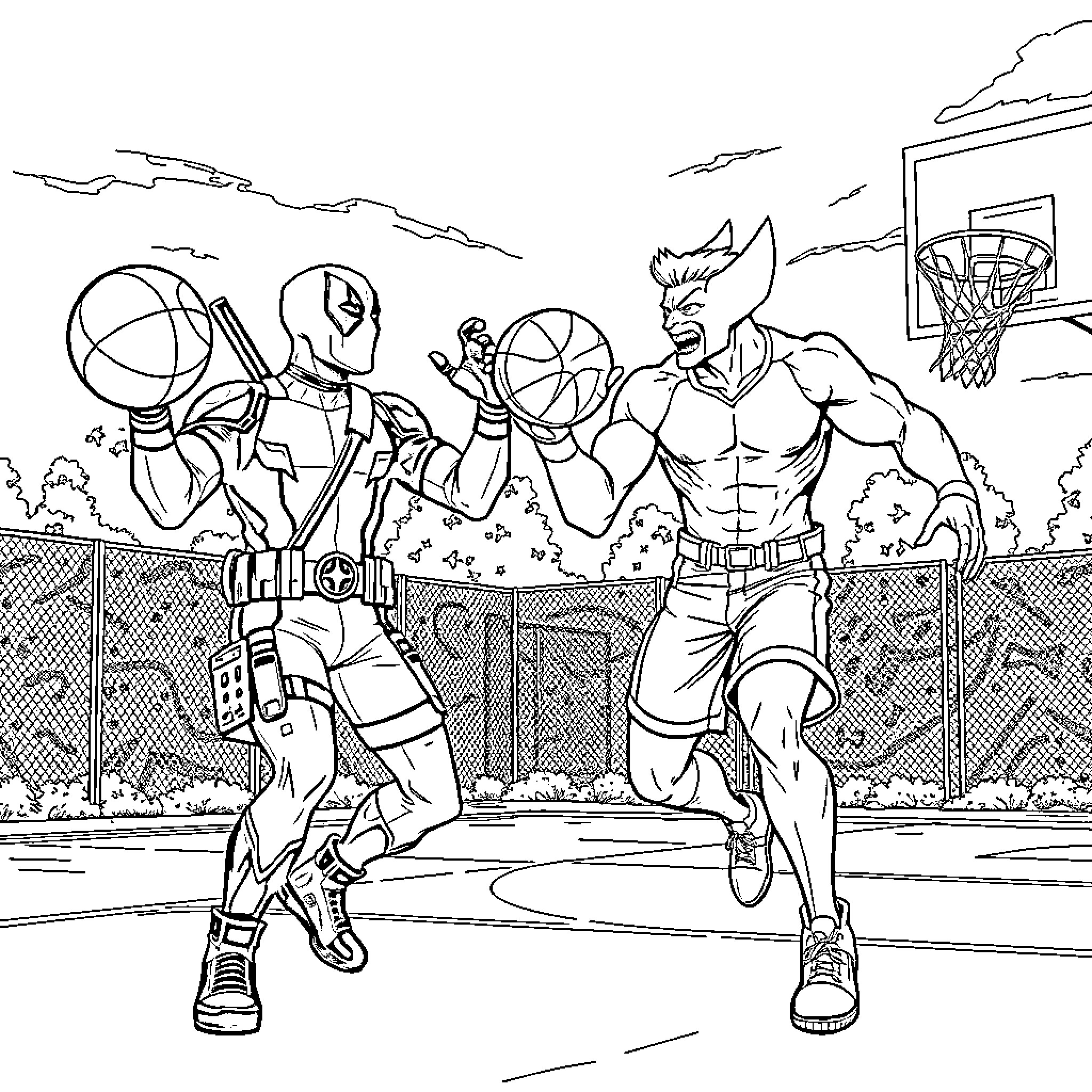 Deadpool and Friends Engage in Intense Basketball Game Coloring Page (free black-and-white line drawing printable PDF for all, from beginners to advanced learners, including children, teens, adults, and seniors)