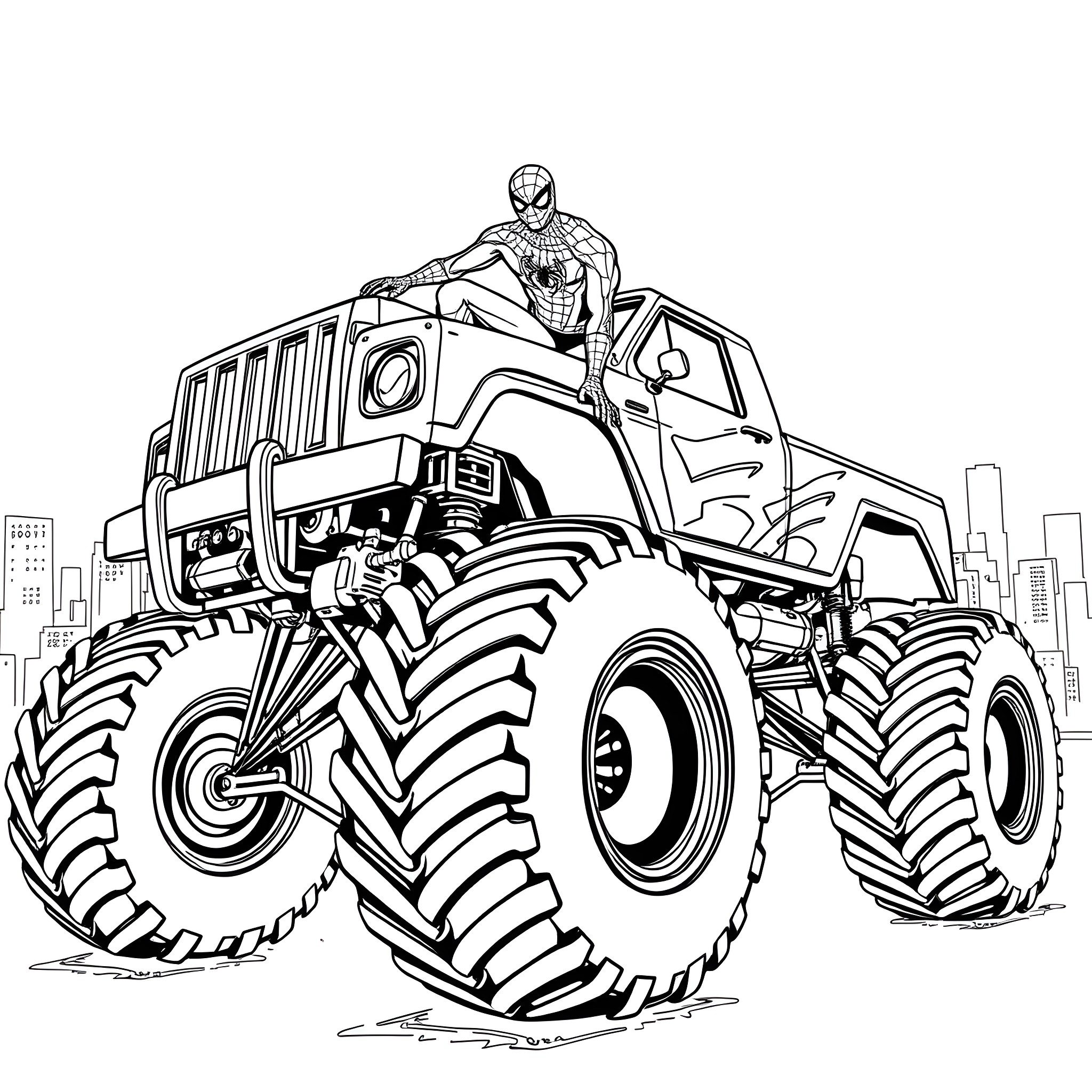 Spiderman driving a monster truck through the city Coloring Page (free black-and-white line drawing printable PDF for all, from beginners to advanced learners, including children, teens, adults, and seniors)
