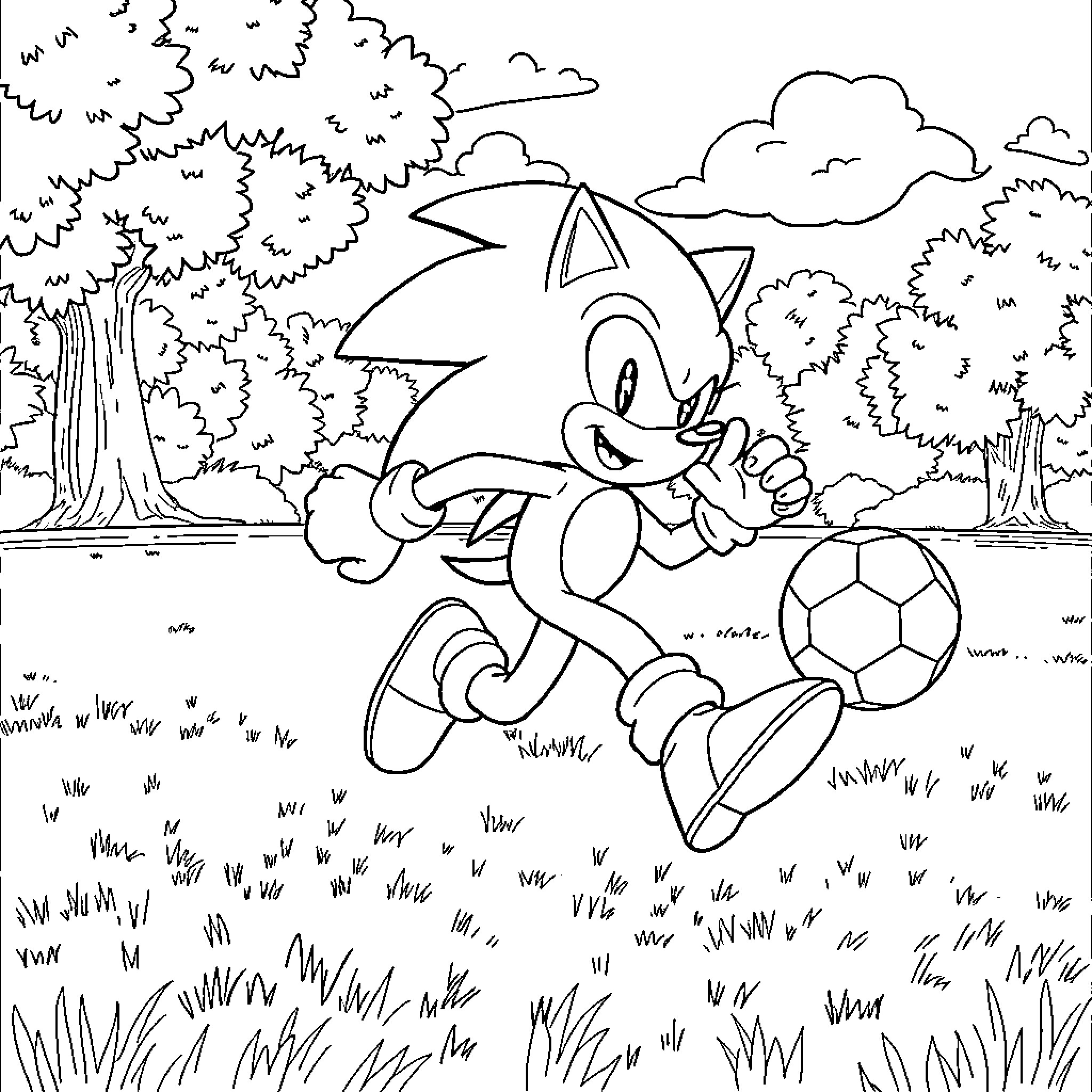 Sonic playing with a soccer ball in the park Coloring Page (free black-and-white line drawing printable PDF for all, from beginners to advanced learners, including children, teens, adults, and seniors)