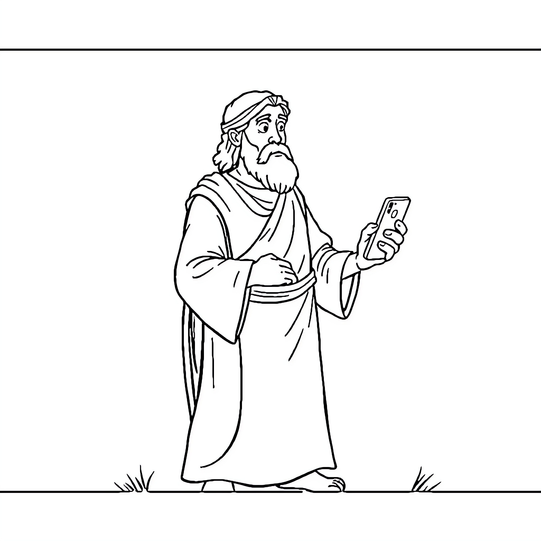 Moses Holding Tablet and Observing Surroundings Coloring Page (free black-and-white line drawing printable PDF for all, from beginners to advanced learners, including children, teens, adults, and seniors)